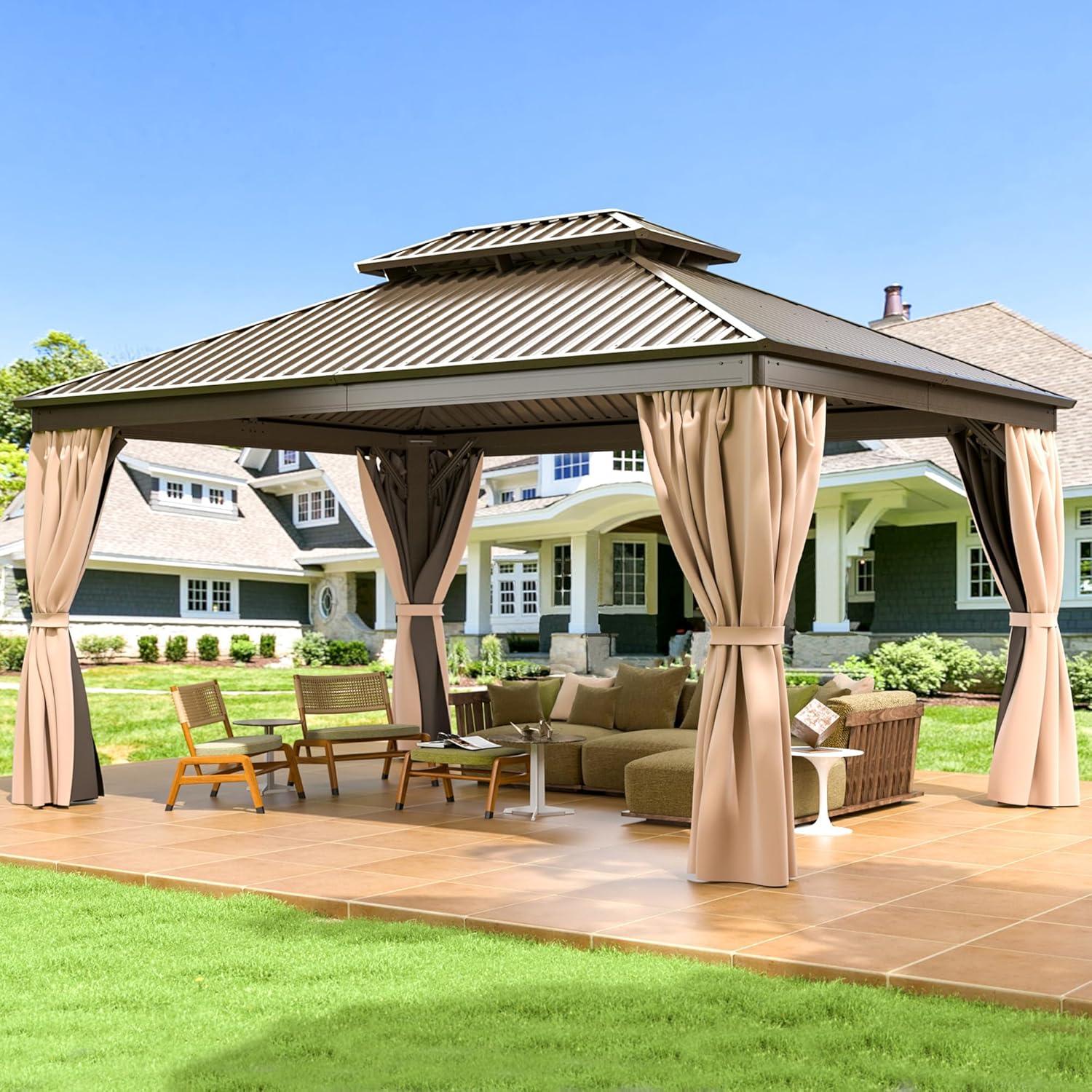 Ulax Furniture 10Ft x 12Ft Patio Hardtop Gazebo Outdoor Aluminum Pergola with Galvanized Steel Double Roof Canopy, Polyester Curtain and Mosquito Net, 10, Brown