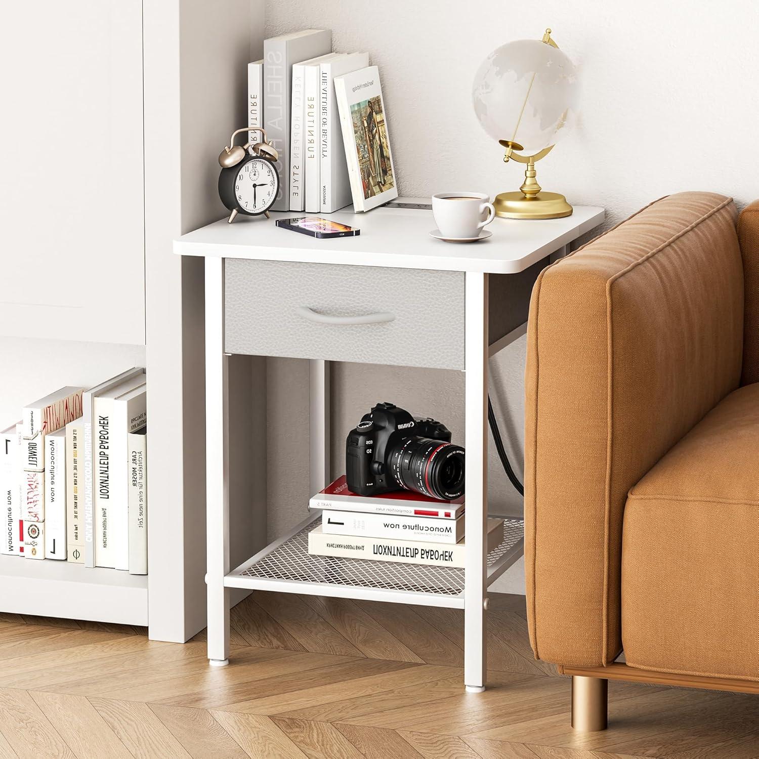 17 Stories Nightstands Set Of 2 With Charging Station And Fabric Storage Drawer,16.5" X 15.8" Side Table With Storage For Bedroom, Bedside Tables With Steel Fram