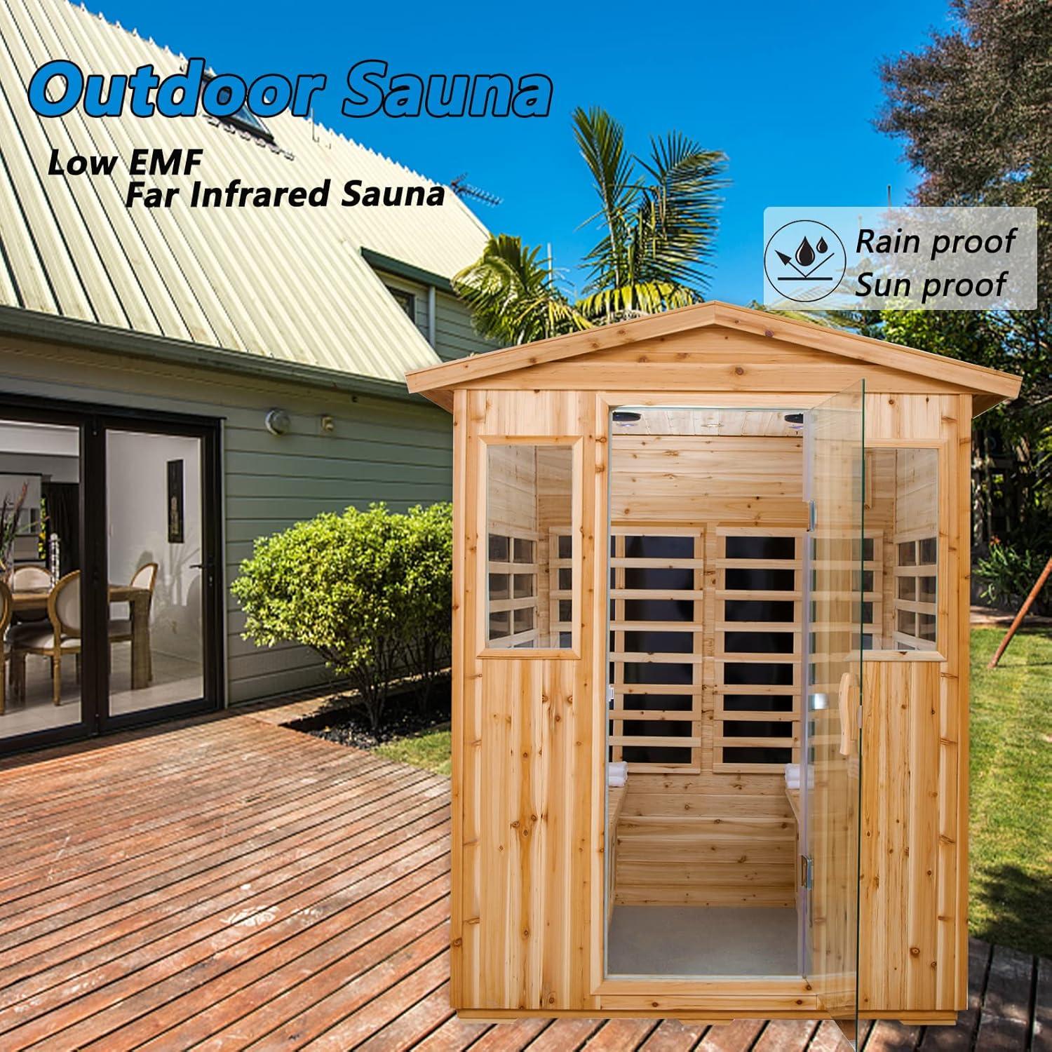 CMGB Sauna for 4 Person, Applicable Indoors and Outdoors. Far Infrared Sauna 8 Low EMF Heaters, Wooden Sauna Room, Hemlock, Chromotherapy, Bluetooth Speaker.