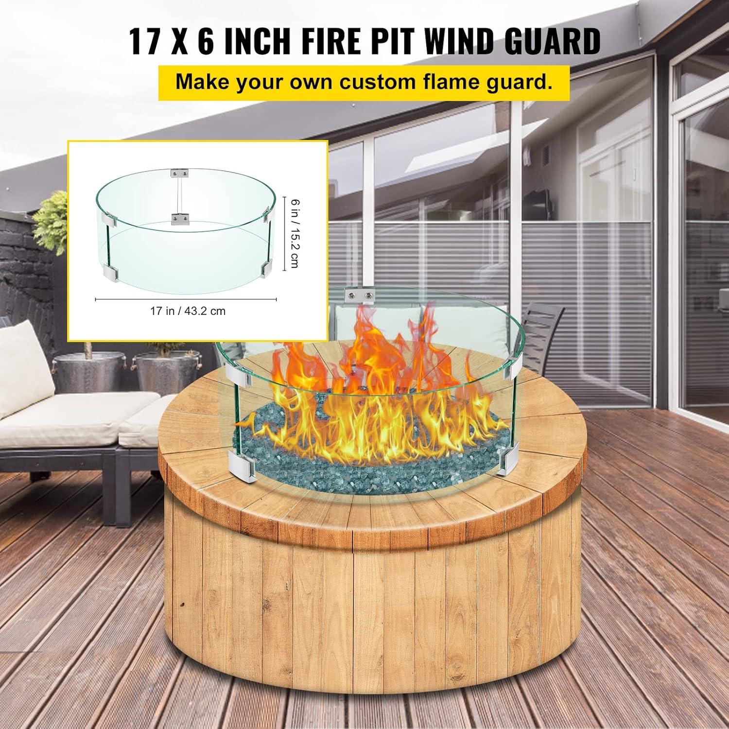 VEVOR Fire Pit Wind Guard, 17 x 17 x 6 inch Glass Flame Guard, Round Glass Shield, 1/4-Inch Thick Fire Table, Clear Tempered Glass Flame Guard, Steady Feet Tree Pit Guard for Propane, Gas, Outdoor