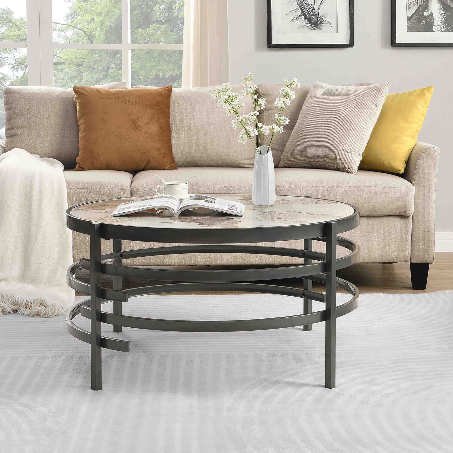 Gray Round Coffee Table with Sintered Stone Top and Metal Frame