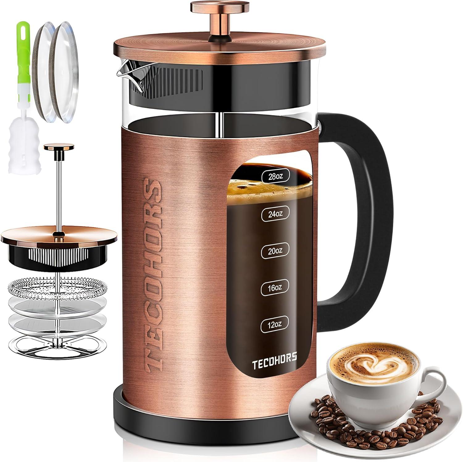 Copper and Glass 34oz French Press Coffee Maker with Stainless Steel Filters