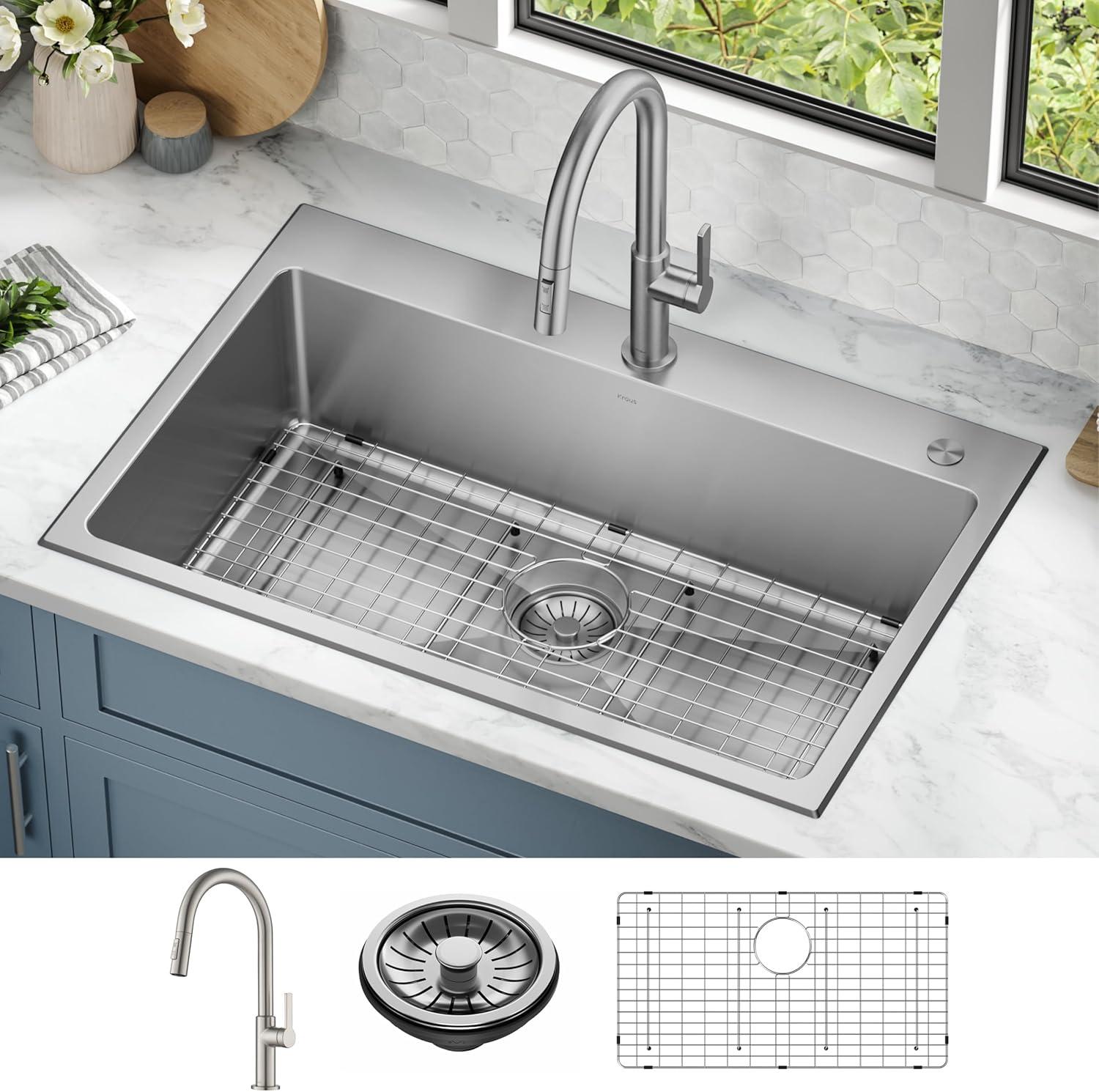 33-Inch Stainless Steel Drop-In Single Bowl Kitchen Sink with Drainboard