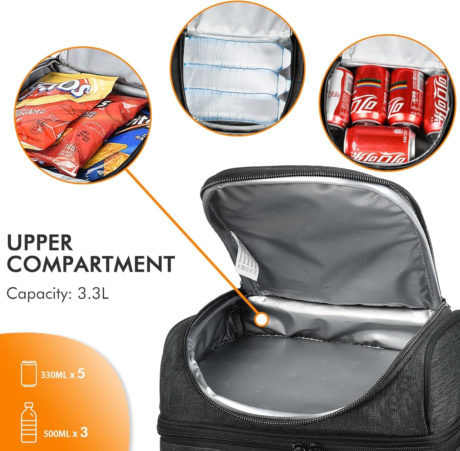 Tirrinia Dual Compartment Lunch Bag with Shoulder Strap for Adults, Large Lunch Bags, Insulated Leakproof Thermal Lunch Totes, Charcoal