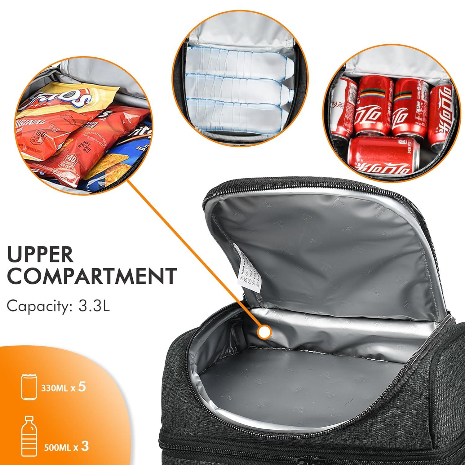 Tirrinia Dual Compartment Lunch Bag with Shoulder Strap for Adults, Large Lunch Bags, Insulated Leakproof Thermal Lunch Totes, Charcoal