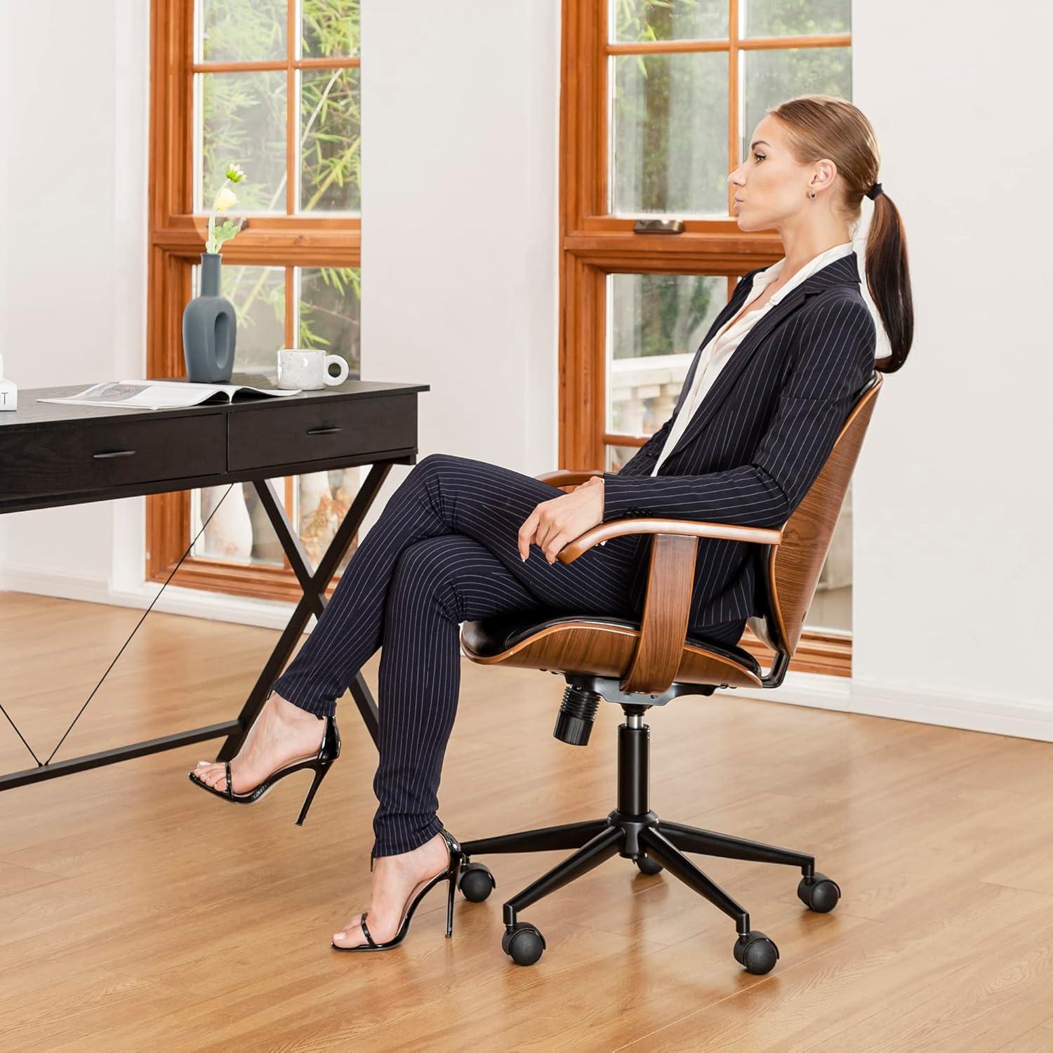 Glitzhome Leather Home Office Chair with Arm, Mid-Back Adjustable Executive Swivel Desk Task Chair,Beige
