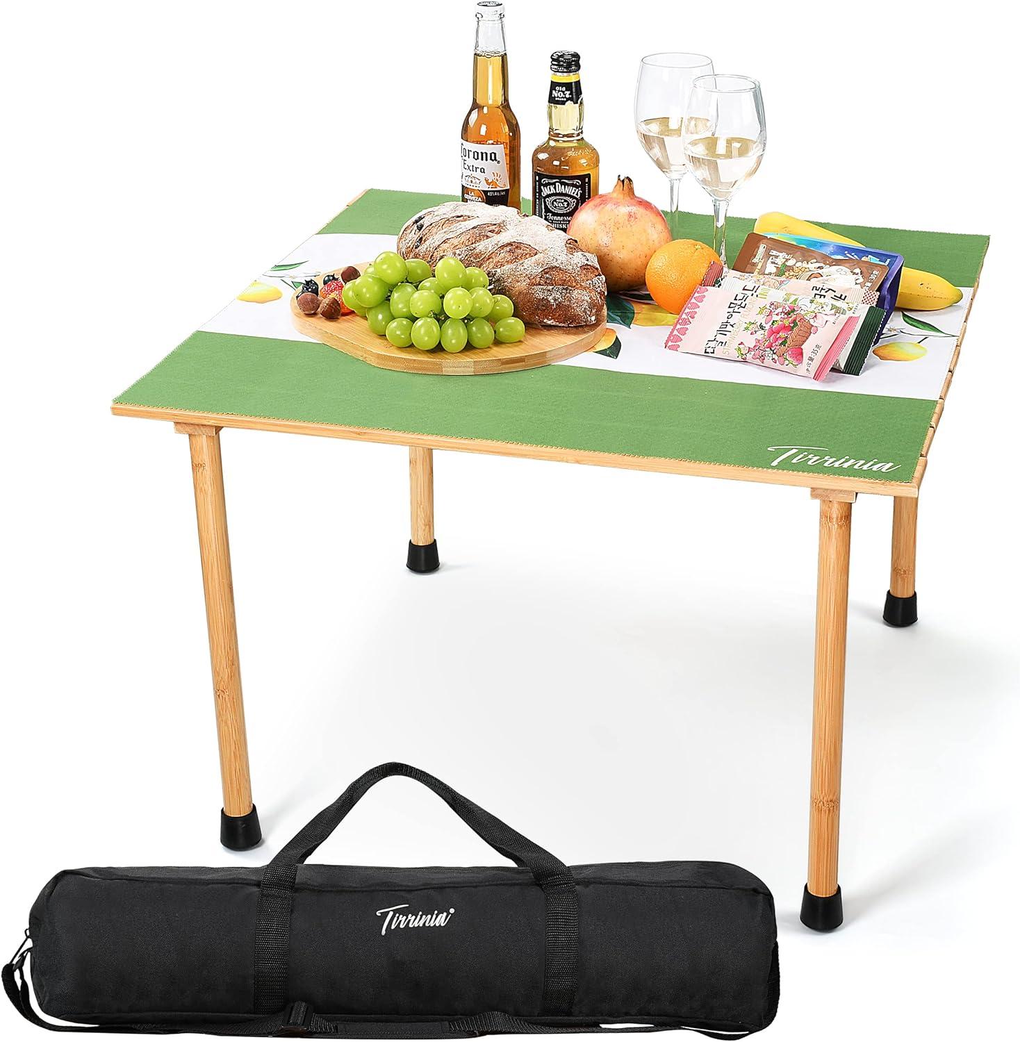 Tirrinia 26x26in Bamboo Picnic Table with Carrying Bag + Free Picnic Pad, Outdoor Portable All-Purpose Table for Concerts, Camping, Beach, Tailgating, Patio, Kitchen, Living Room