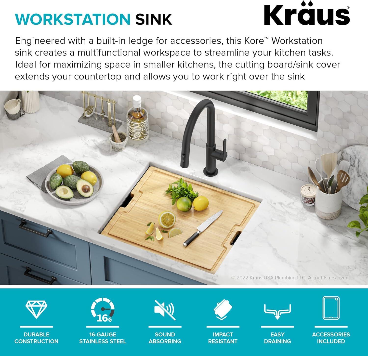 KRAUS Kore 21 Undermount Workstation 16 Gauge Black Stainless Steel Single Bowl Kitchen Sink in PVD Gunmetal Finish with Accessories