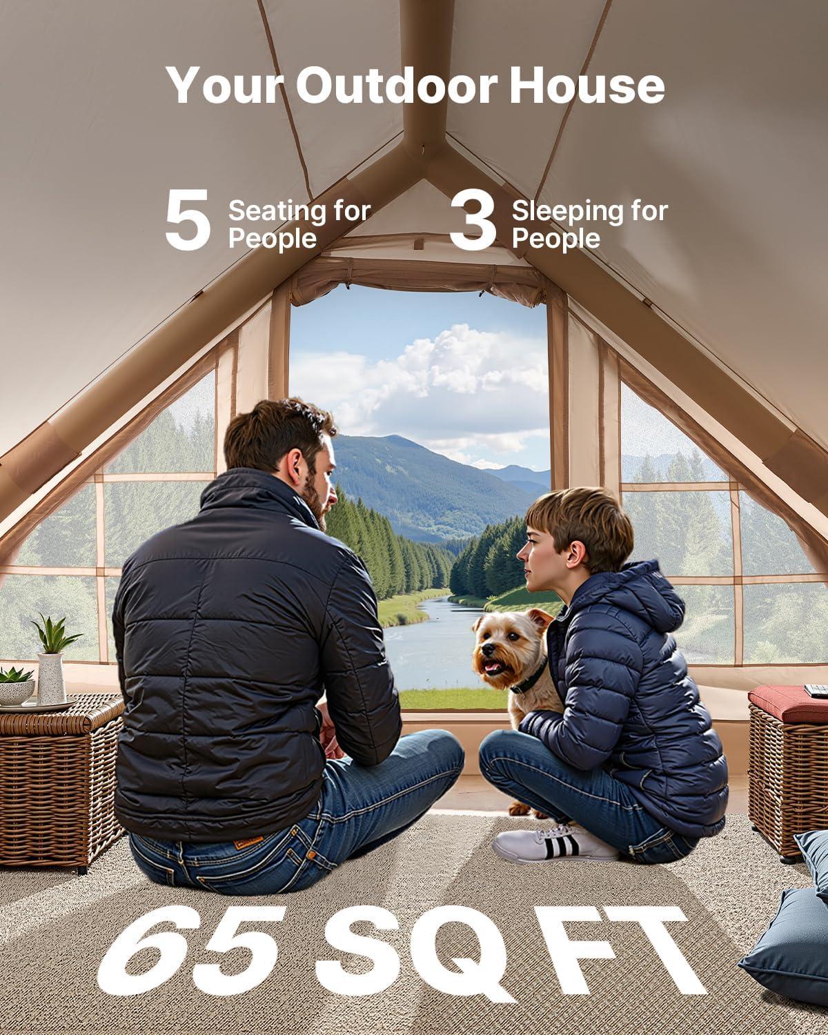 VEVOR Inflatable Tents for Camping, Easy Setup Blow up Tent with Hand Pump, 4 Season Glamping Tent with Stove Jack, Doors & Mesh Windows, Storage Bag Included for Easy Taking
