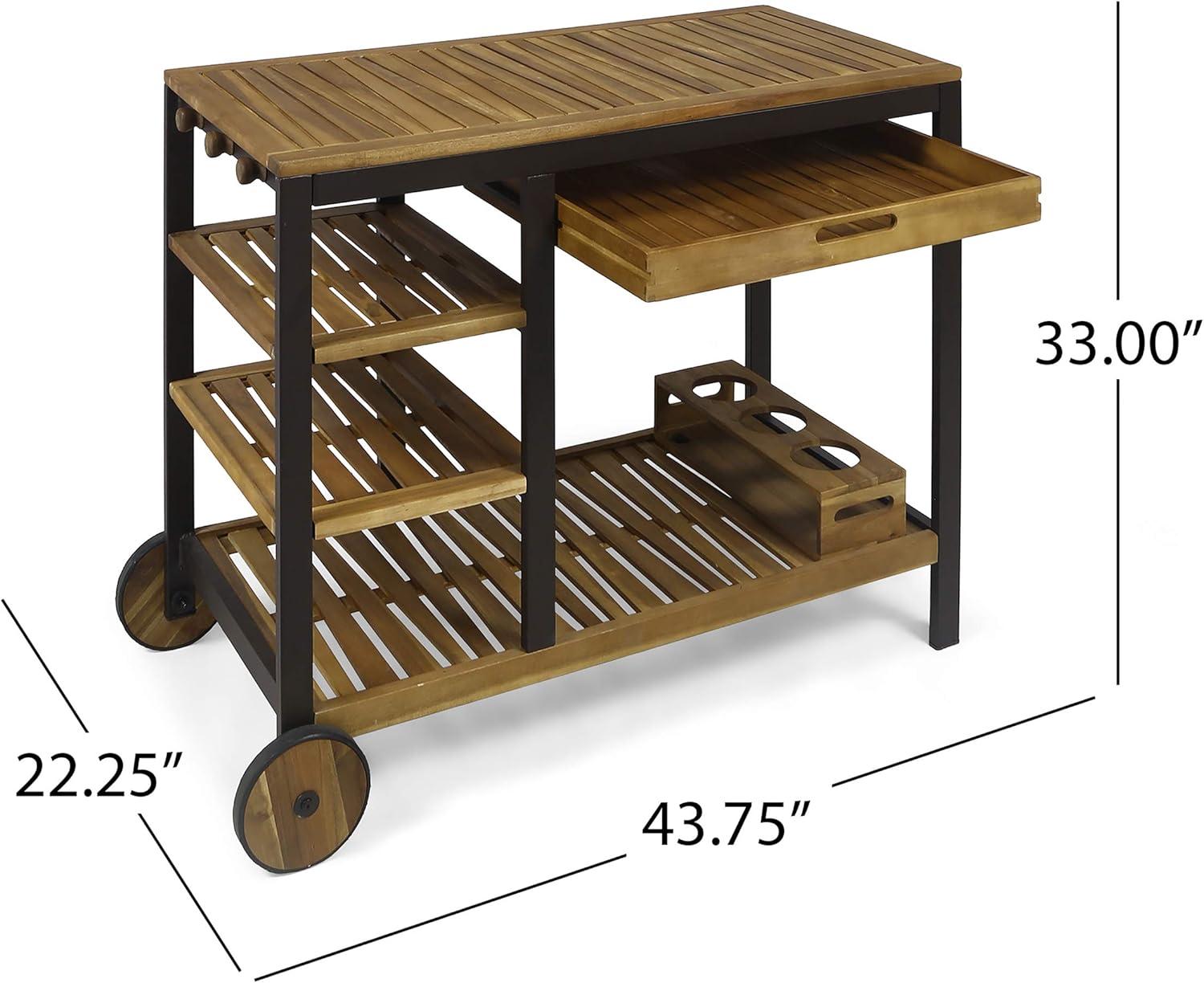 Ishtar Outdoor Acacia Wood Bar Cart with Reversible Drawers and Wine Bottle Holders, Teak Finish