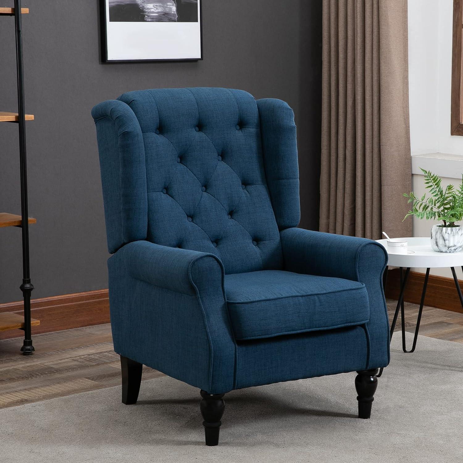 Blue Tufted Barrel Accent Chair with Wood Legs