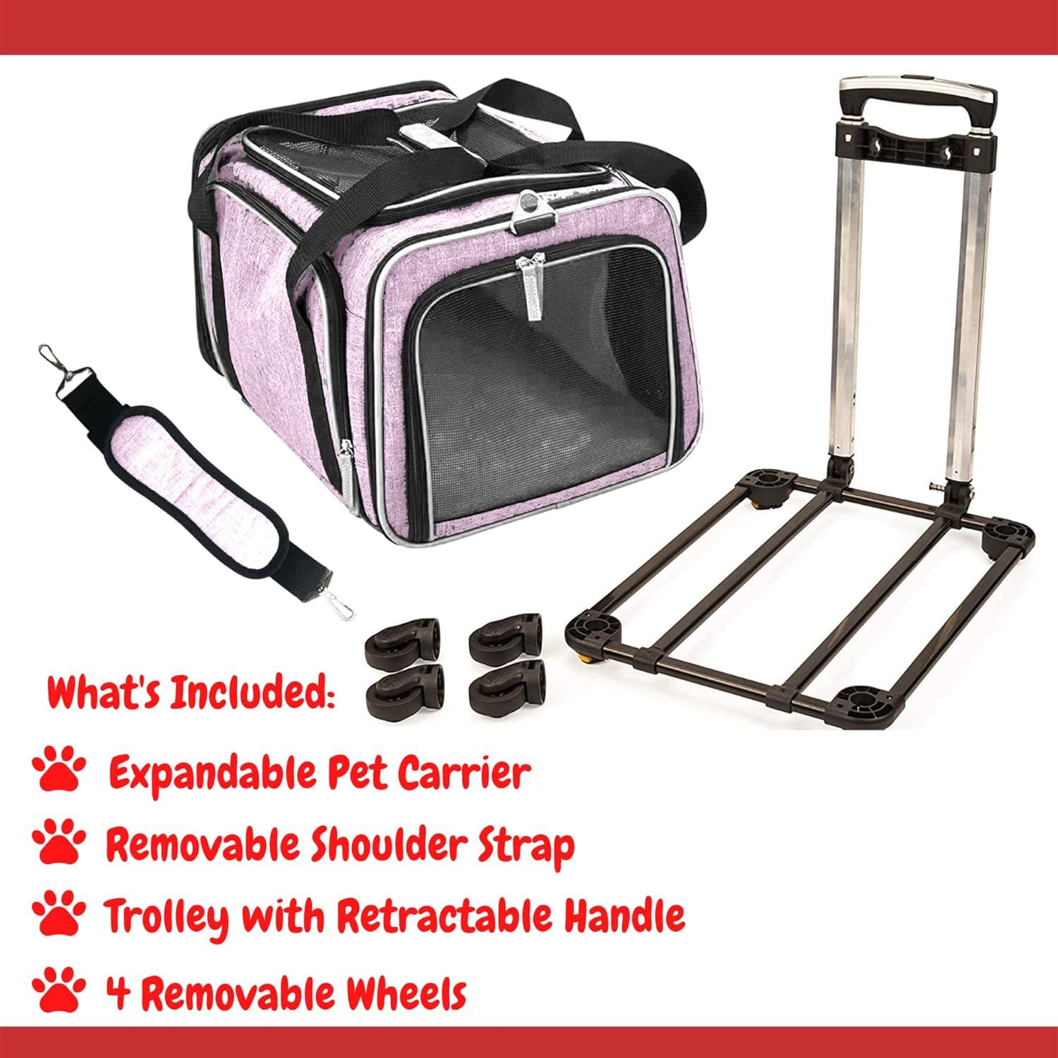 Ruff Life Airline Approved Expandable Premium Pet Carrier on Wheels- Two Sided Expandable Rolling Carrier- Designed for Dogs & Cats- Extra Spacious Soft Lined Carrier! - Pink