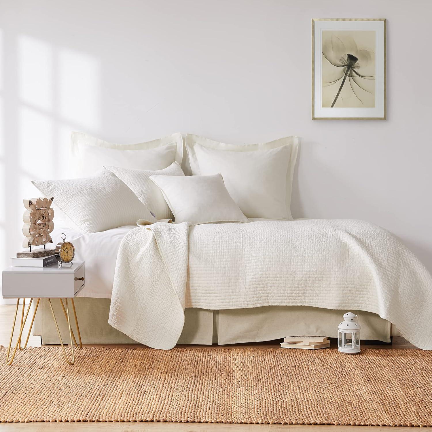 The Industrial Shop 3pc King Solid Quilt and Sham Bedding Set Cream: Rustic Percale, Machine Washable