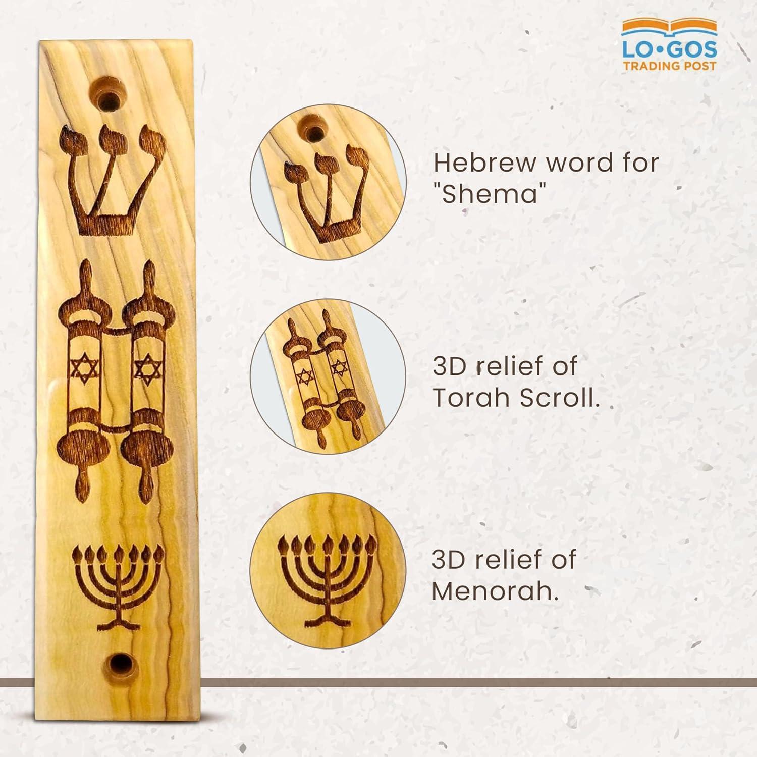 Shema, Torah Scroll, Menorah Olive Wood Mezuzah