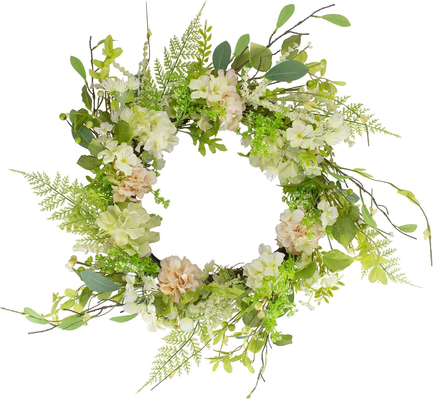 Northlight Hydrangea and Fern Spring Floral Berry Wreath-  28" - Green and Pink