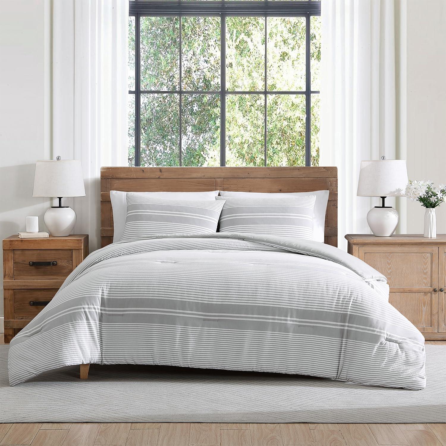 Tahari Gwen 3-Piece White/Grey Waffle Stripe Cotton Comforter Set