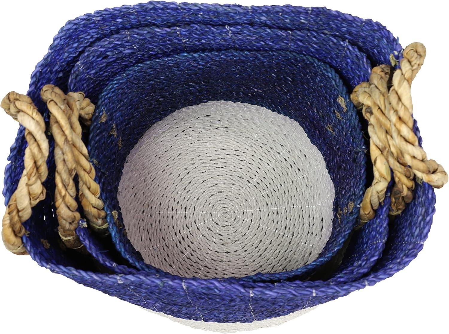 DecMode 17", 15", 13"W Blue Seagrass Handmade Two Toned Storage Basket with Handles, 3-Pieces