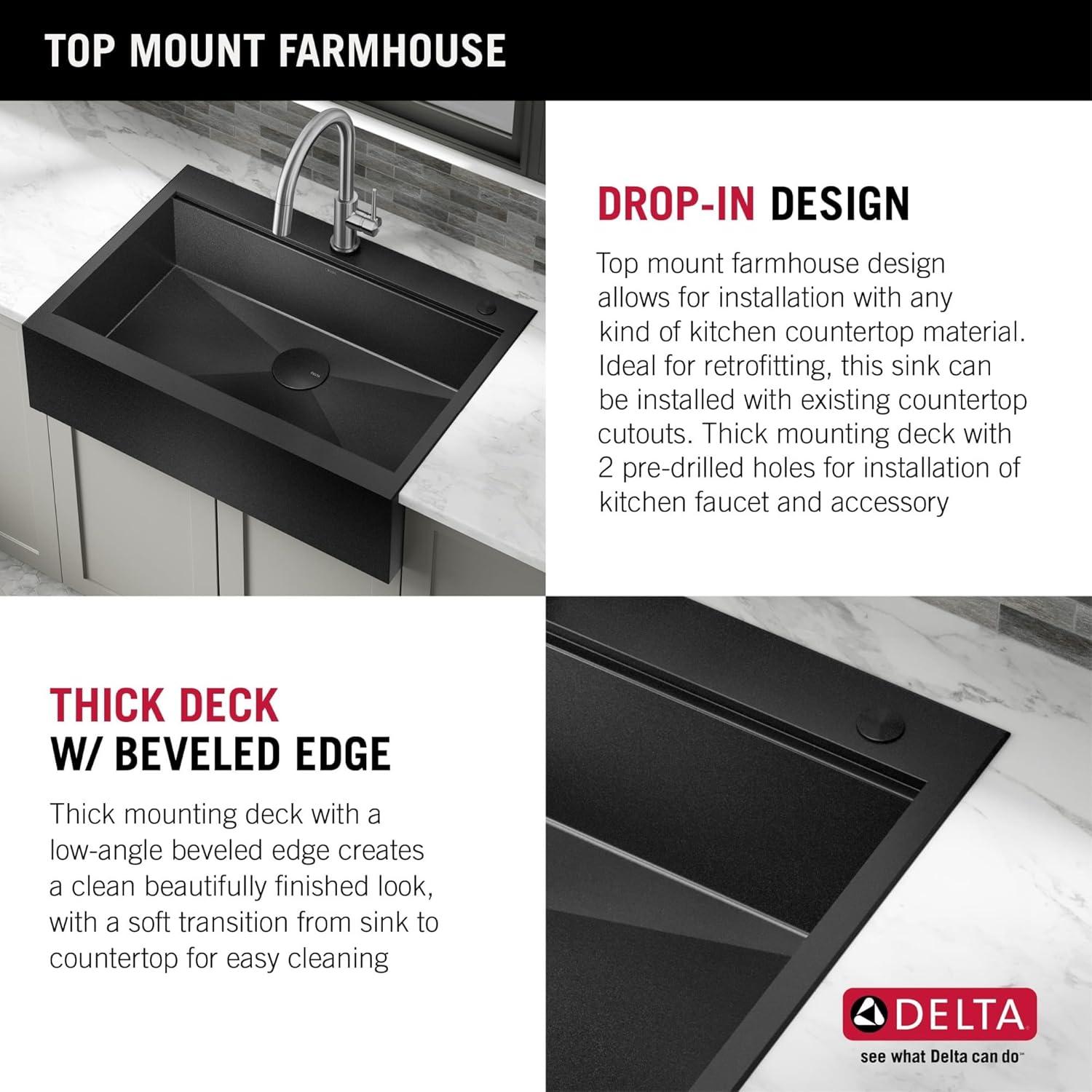 Delta Rivet™ Black Stainless Steel Retrofit Farmhouse Apron Front 16 Gauge Workstation Kitchen Sink Single Bowl