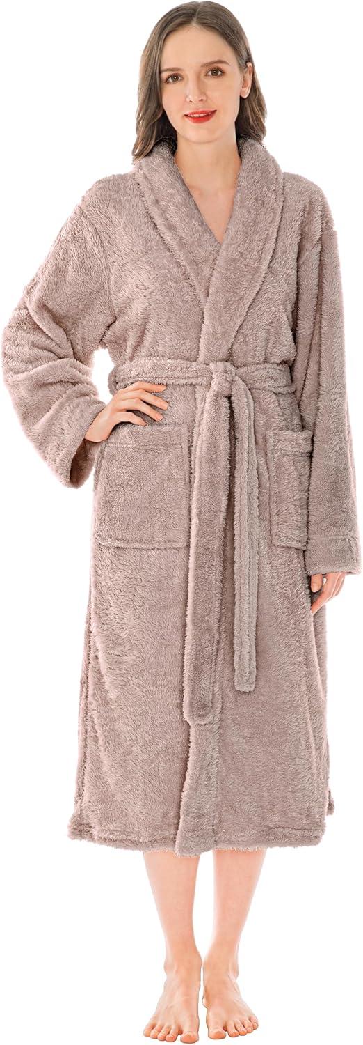 PAVILIA Premium Womens Plush Soft Robe Fluffy Warm, Fleece Faux Shearling Shaggy Bathrobe (Taupe, Large-X-Large)