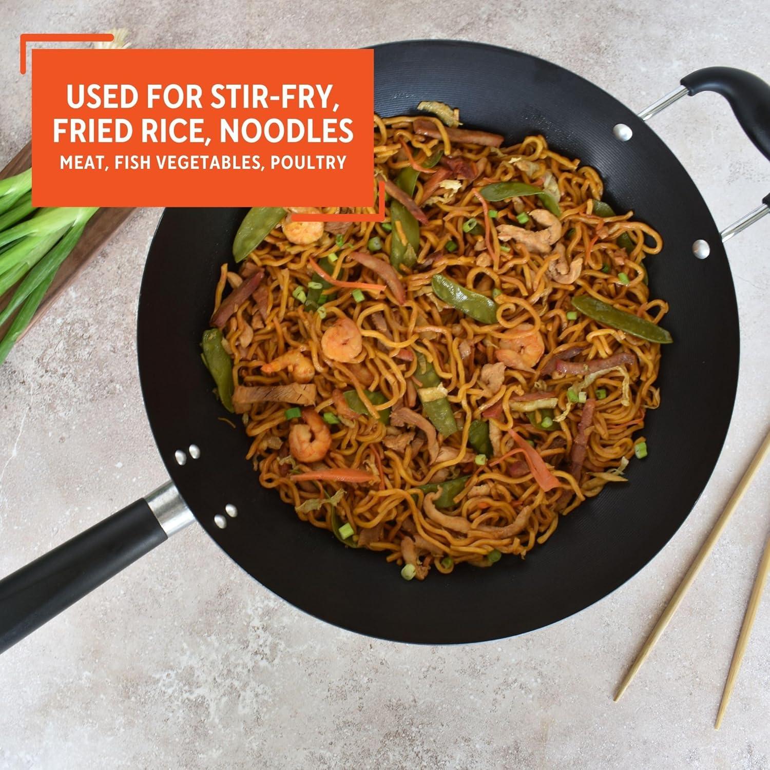 IMUSA 14" Coated Wok with Bakelite Handle: Nonstick Carbon Steel Stir Fry Pan, 64 Volume, Electric & Gas Compatible