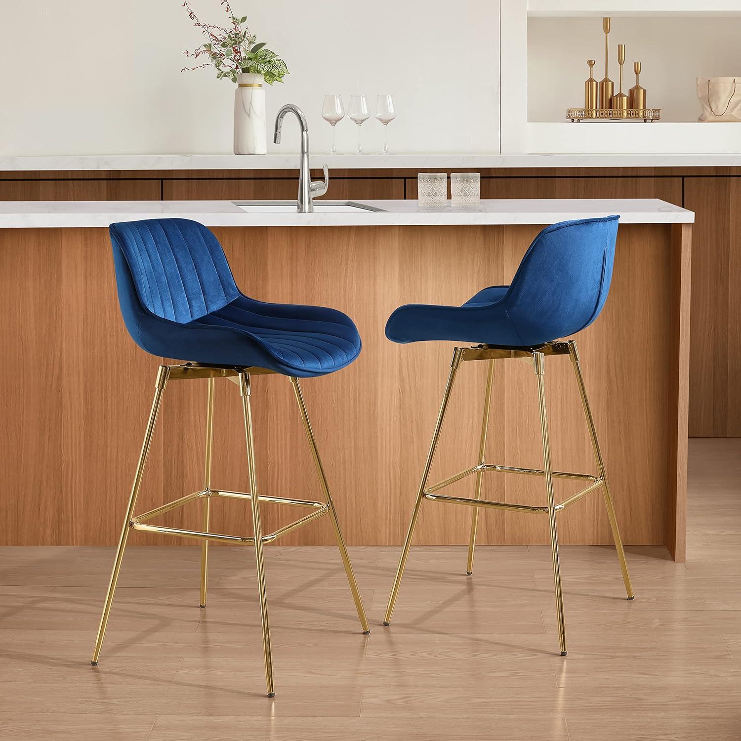 Art Leon Counter Height Bar Stools, 26" Height Swivel Velvet, Island Stools with Golden Metal Legs, Set of 2, Blue