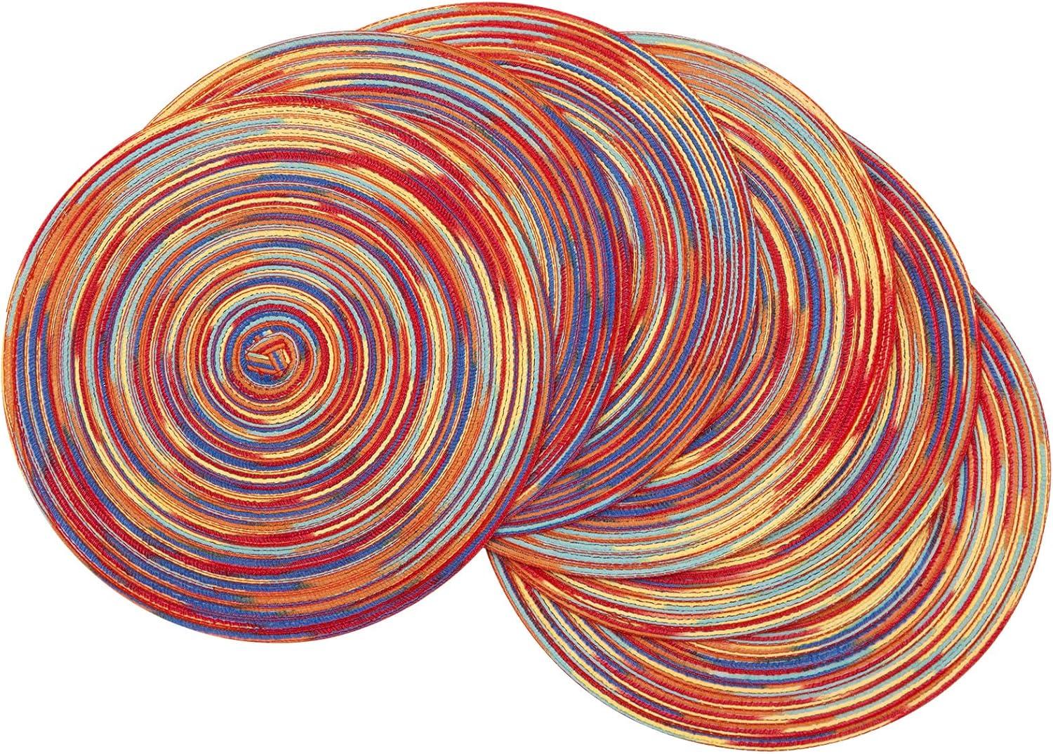 MeyJey Round Placemats 6 Piece, 15" Large Cotton Woven Heat Resistant Placemats Set of 6, Rainbow