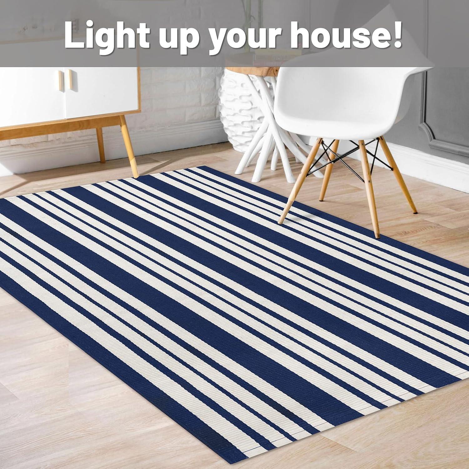 IOHOUZE Navy and White Striped Rug 2'x3' Front Door Rugs, Small Washable Area Rug for Front Porch, Spring Summer Doormats Outdoor Indoor, Cotton Rugs for Entryway Porch Entrance