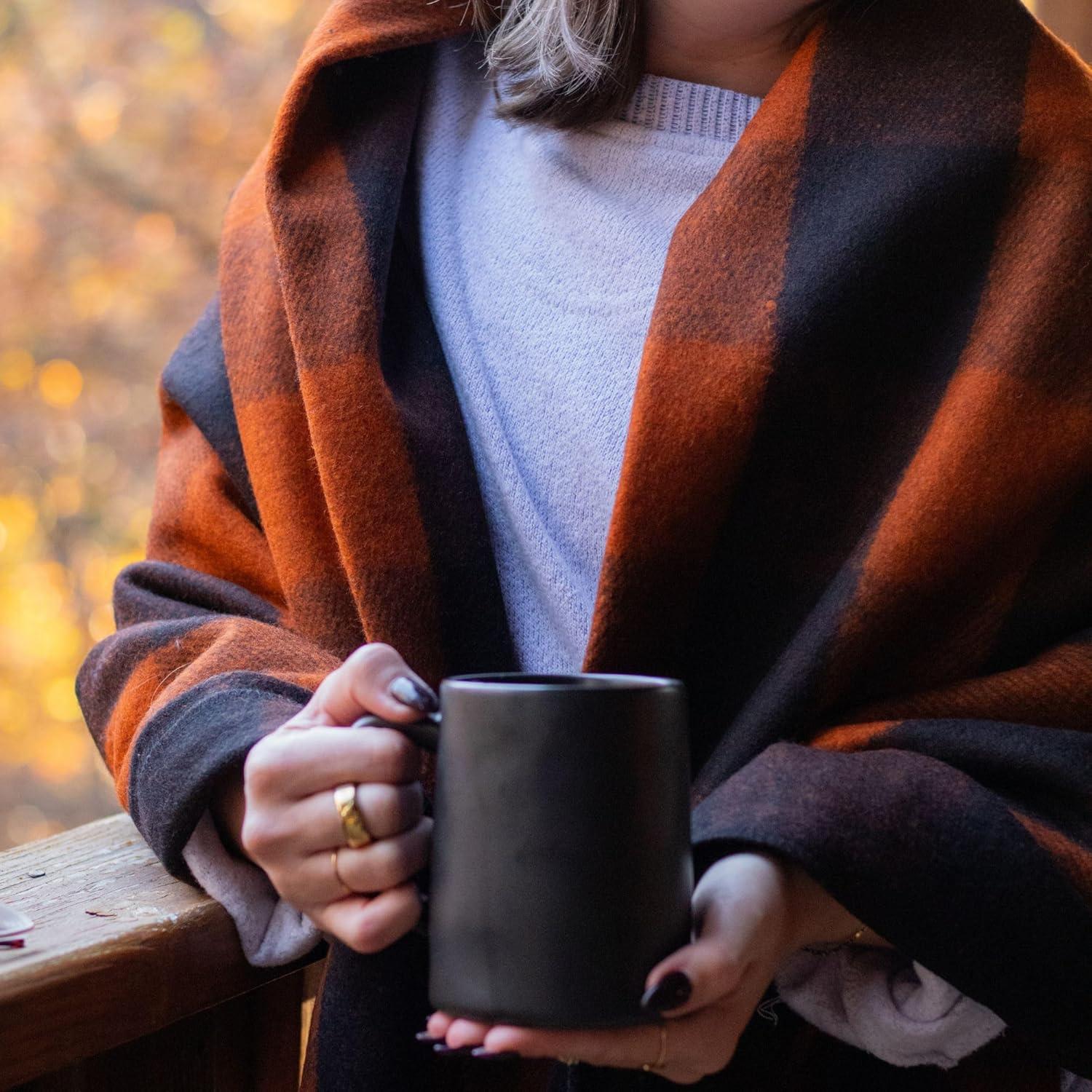 Large Orange Buffalo Plaid Wool Blanket, Machine Washable