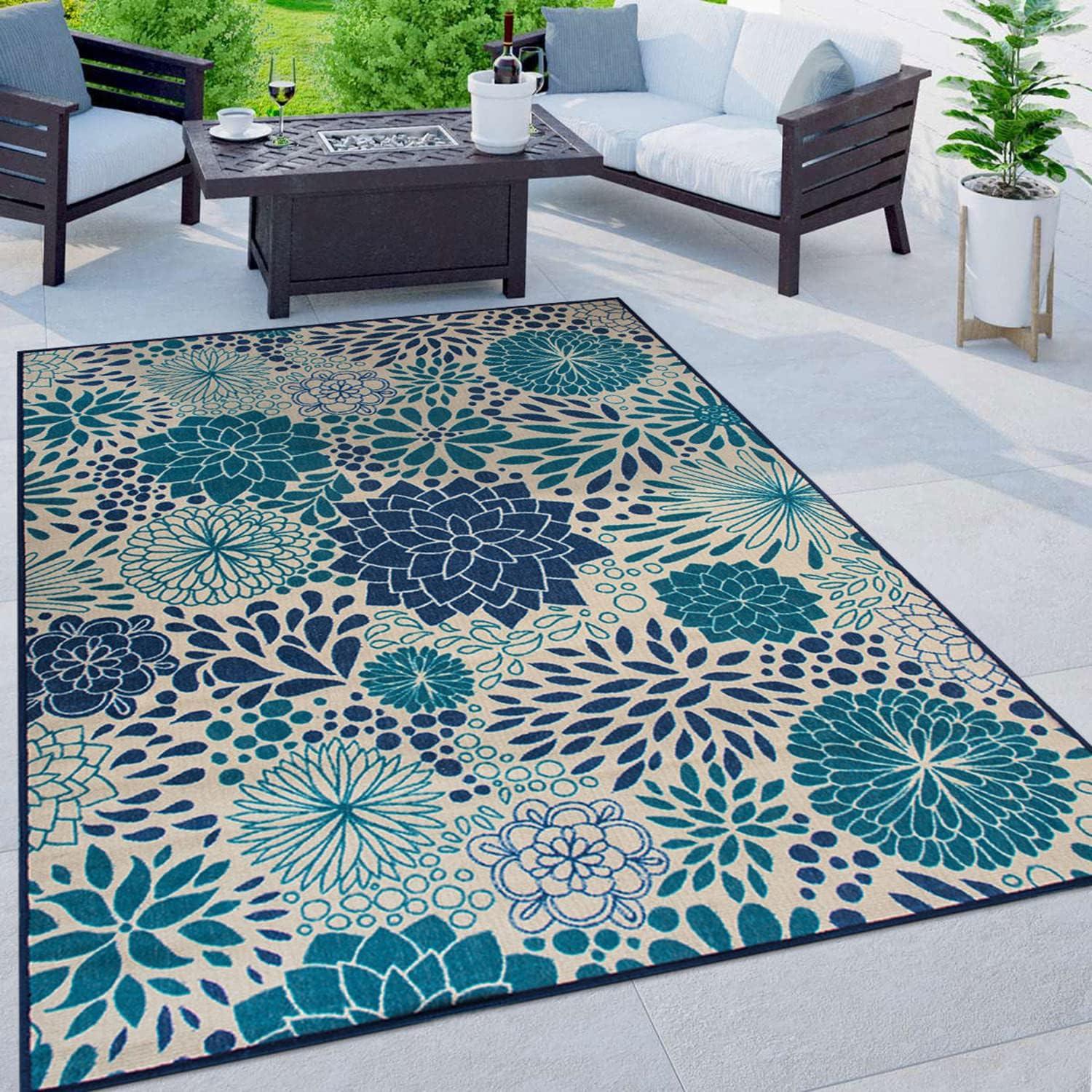 Blue Floral Synthetic Flat Woven 5' x 7' Area Rug