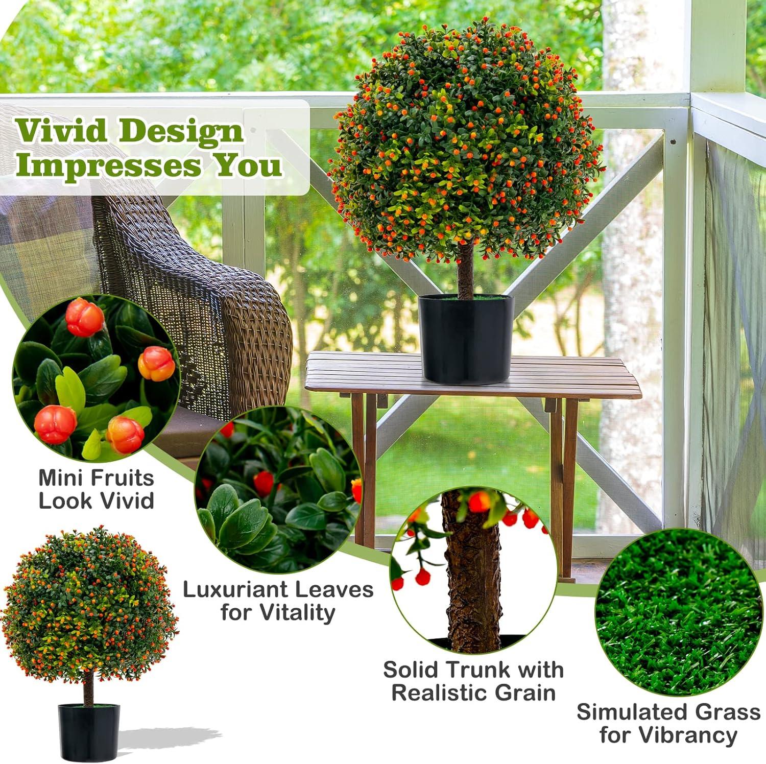 Costway 22'' Artificial Boxwood Topiary Ball Tree 2-Pack Faux Potted Plant w/Orange Fruit