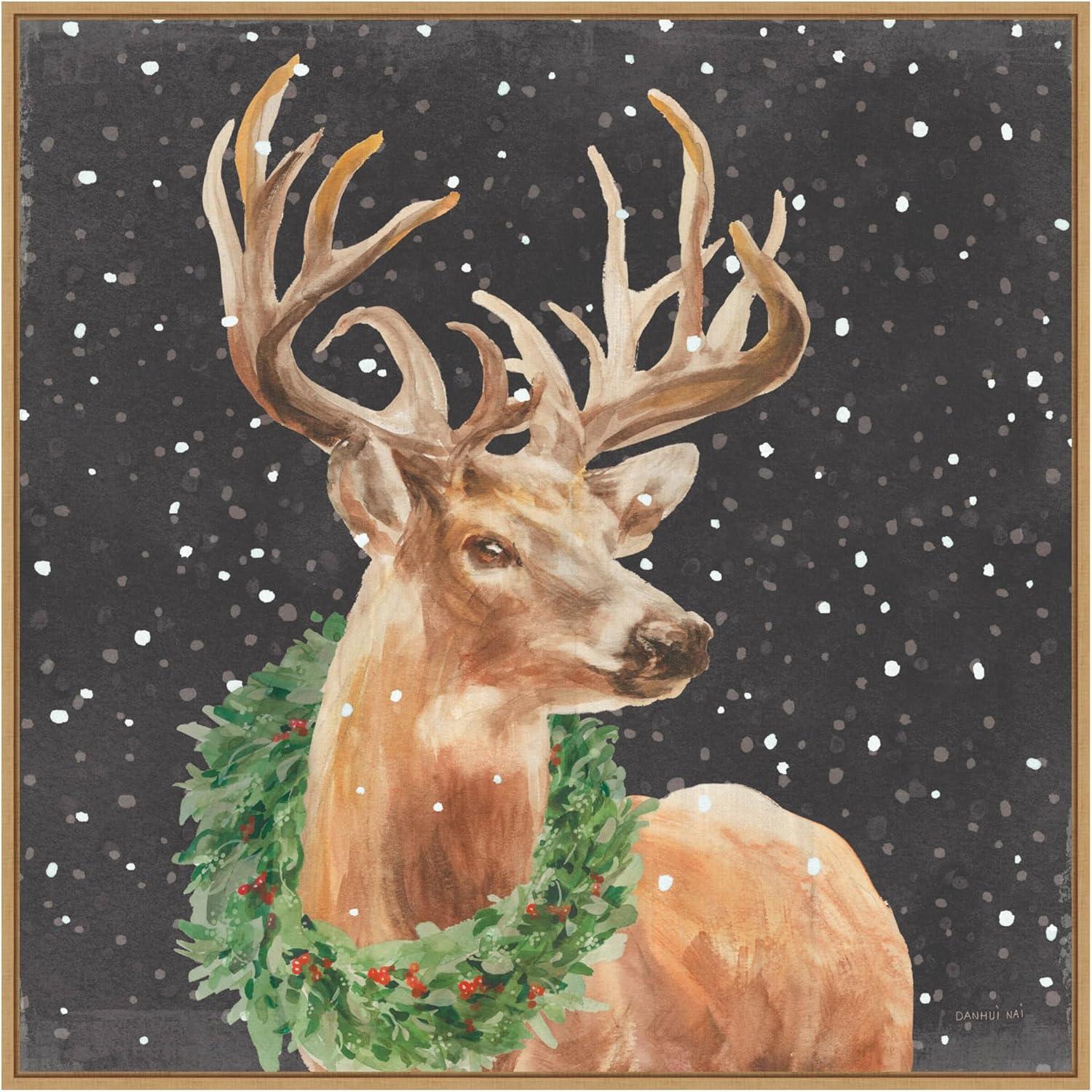 30"x30" Brown Framed Christmas Deer Canvas Wall Art