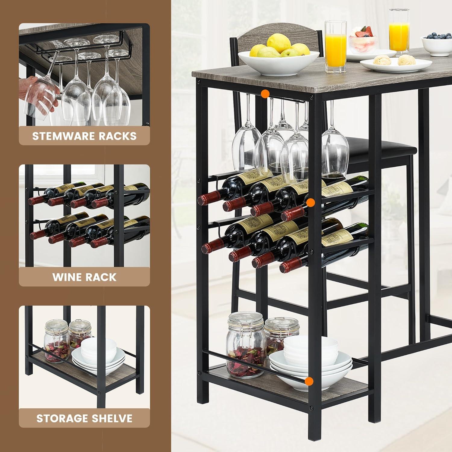 Bar Table Set for 2 with Footrest, Kitchen Dining Table with 2 Upholstered Chairs, Small Space Counter Height Barstools for Counter Bar, Sturdy and Durable, Easy to Assemble, Gray