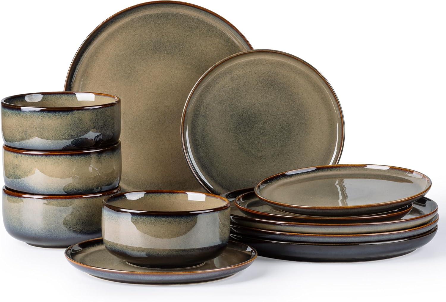 One Allium Way® 12-Piece Reactive Glaze Plate and Bowl Set, 4-Person Dinnerware Set, Scratch Resistant Dinnerware Set