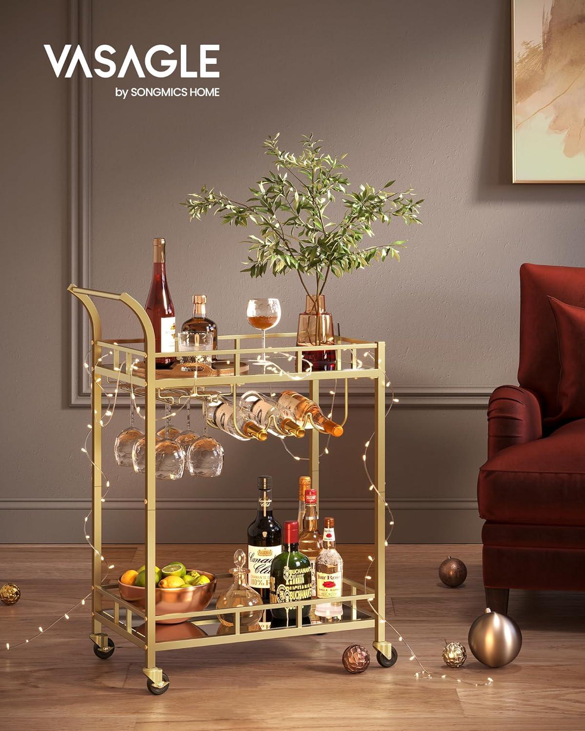 VASAGLE Bar Cart Gold, Home Bar Serving Cart, Wine Cart with 2 Mirrored Shelves, Wine Holders, Glass Holders, for Kitchen, Dining Room, Gold ULRC092A62
