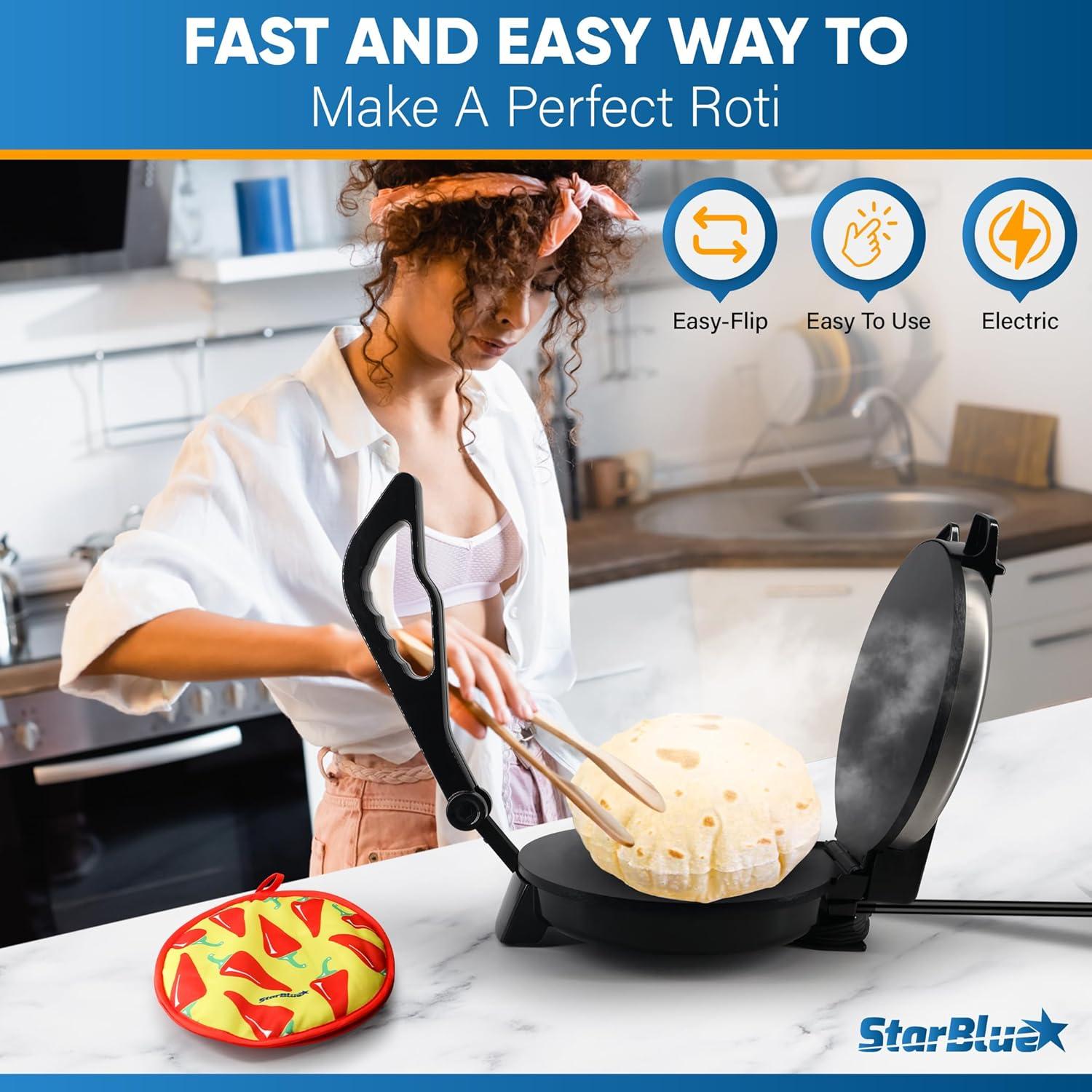 10inch Roti Maker by StarBlue with FREE Roti Warmer and Removable Handle - The automatic Stainless Steel Non-Stick Electric machine to make Indian style Chapati, Tortilla, Roti