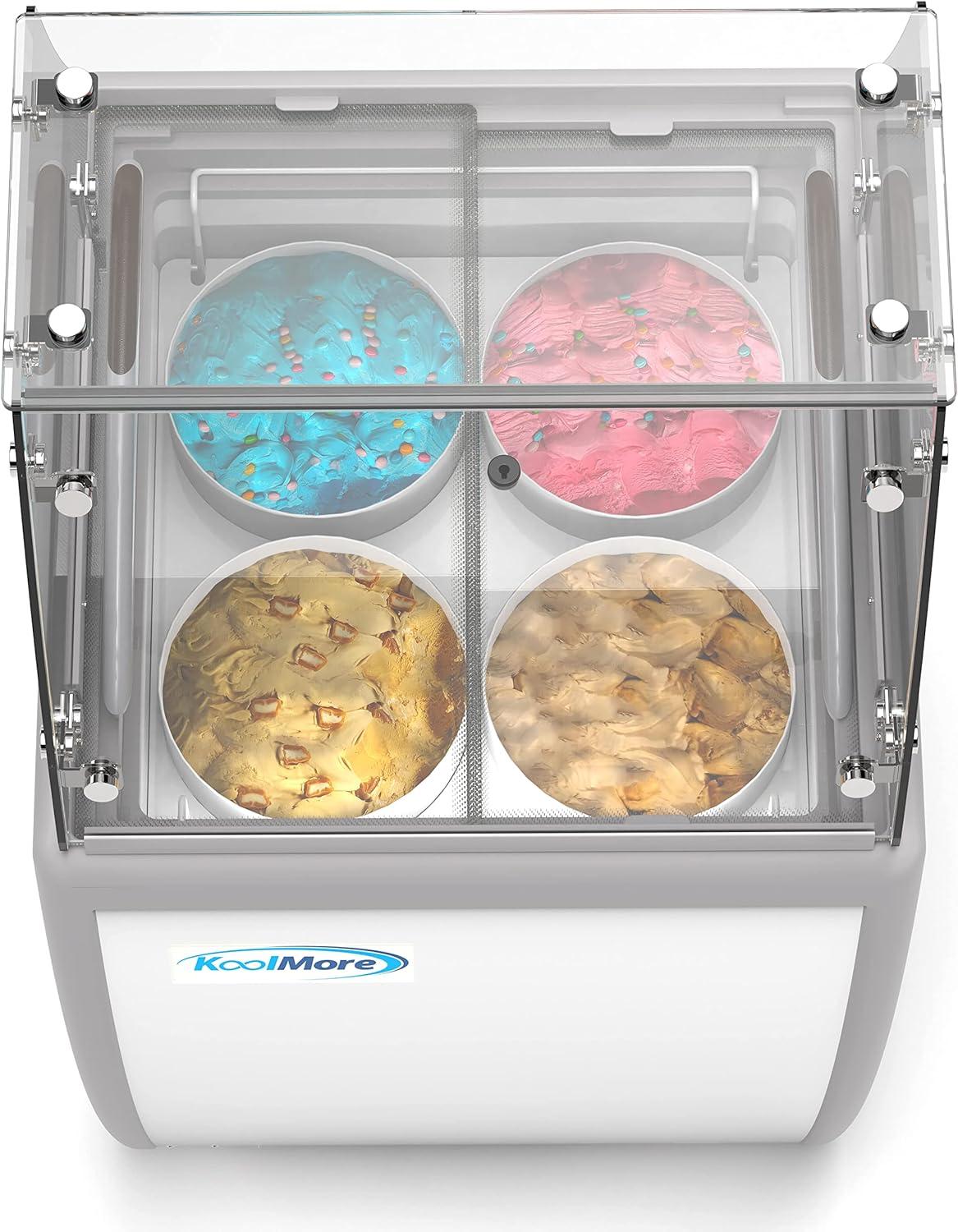 KoolMore 26 in. 4 Tub Ice Cream Dipping Cabinet Display Freezer with Sliding Glass Door and Sneeze Guard, 6 cu. ft. KM-ICD-26SD-FG.