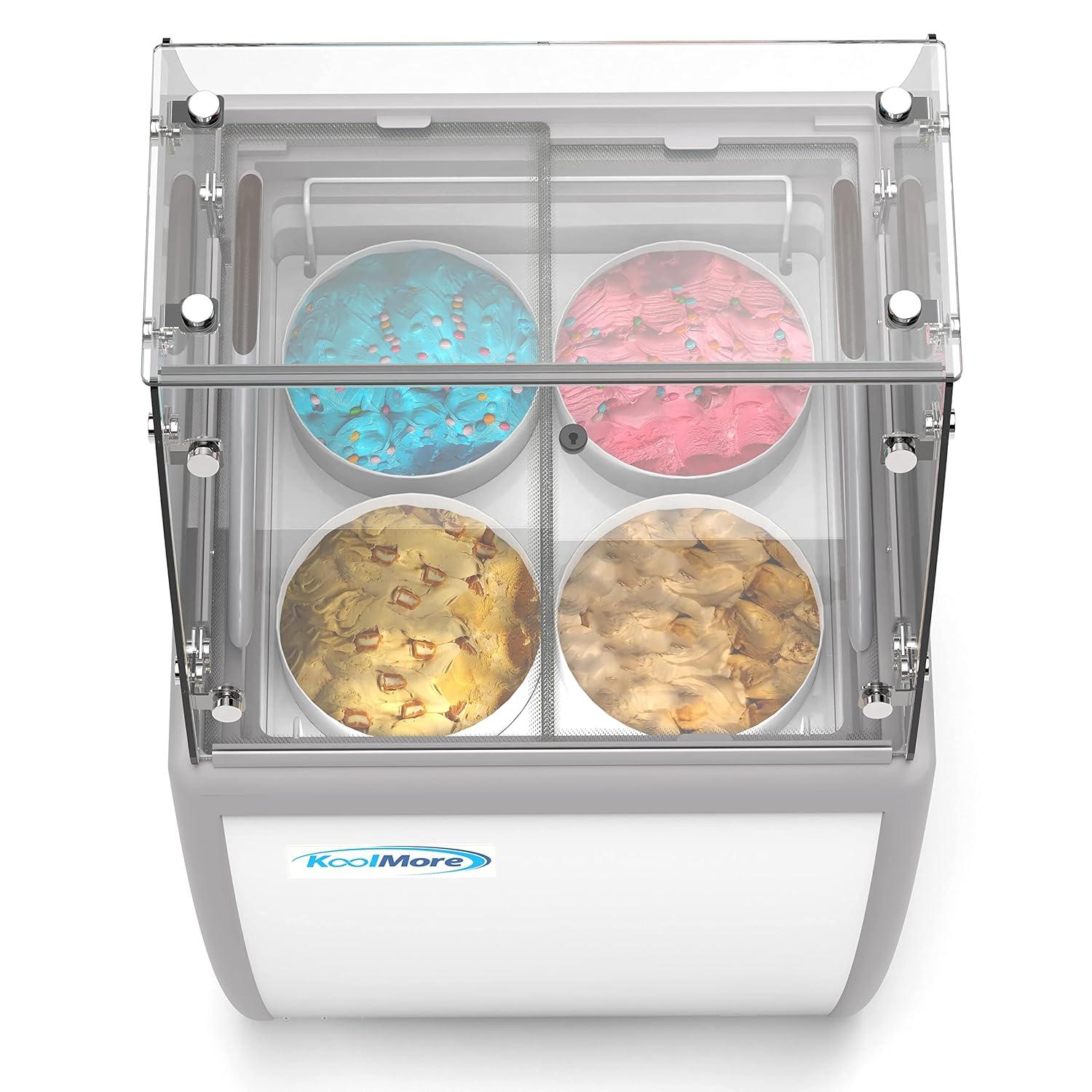 KoolMore 26 in. 4 Tub Ice Cream Dipping Cabinet Display Freezer with Sliding Glass Door and Sneeze Guard, 6 cu. ft. KM-ICD-26SD-FG.