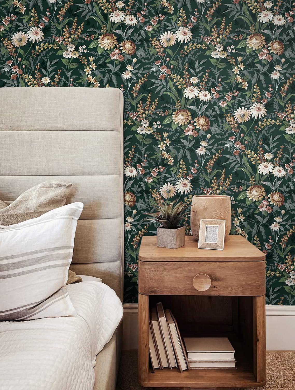 NextWall  Vintage Floral Peel and Stick Wallpaper 20.5 in. W x 18 ft. L - Forest Green