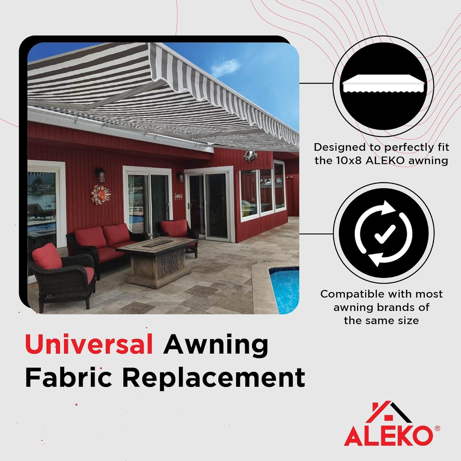 ALEKO 10'x8' Retractable Patio Awning Fabric Replacement, Grey White Striped Color