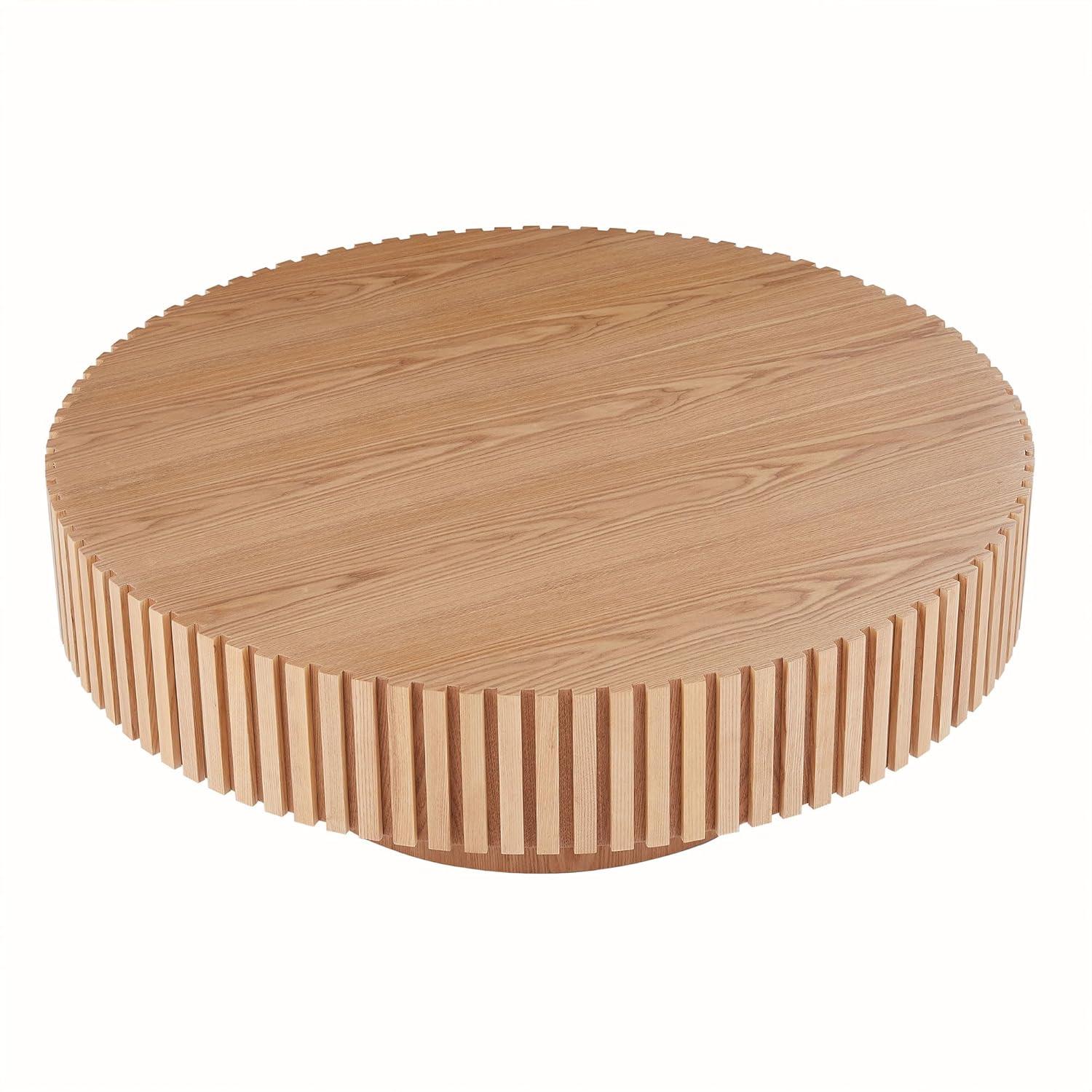 Round Coffee Table, 31.49" Modern Handcraft Relief Drum Circle Wood Table Side End Accent Center Table for Living Room, Small Space, Apartment, Natural Ash