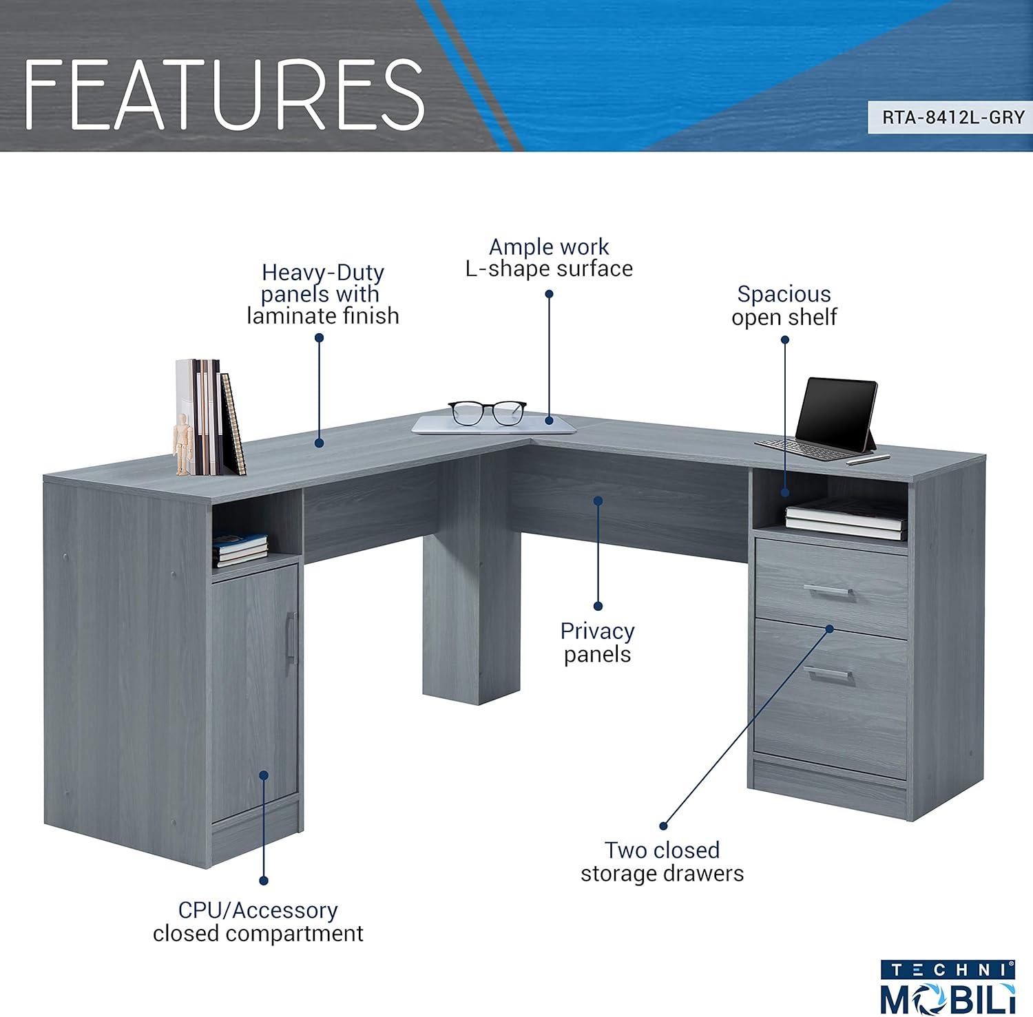 Functional L Shaped Desk with Storage Gray - Techni Mobili