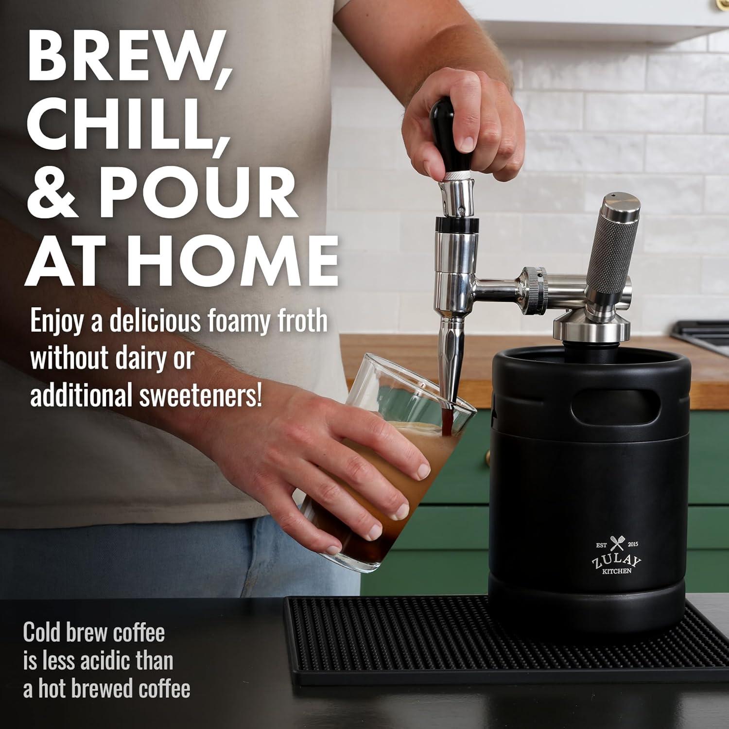 Zulay Nitro Cold Brew Coffee Maker - 64 oz Keg with Creamer Faucet, Collapsible Funnel & Drip Mat