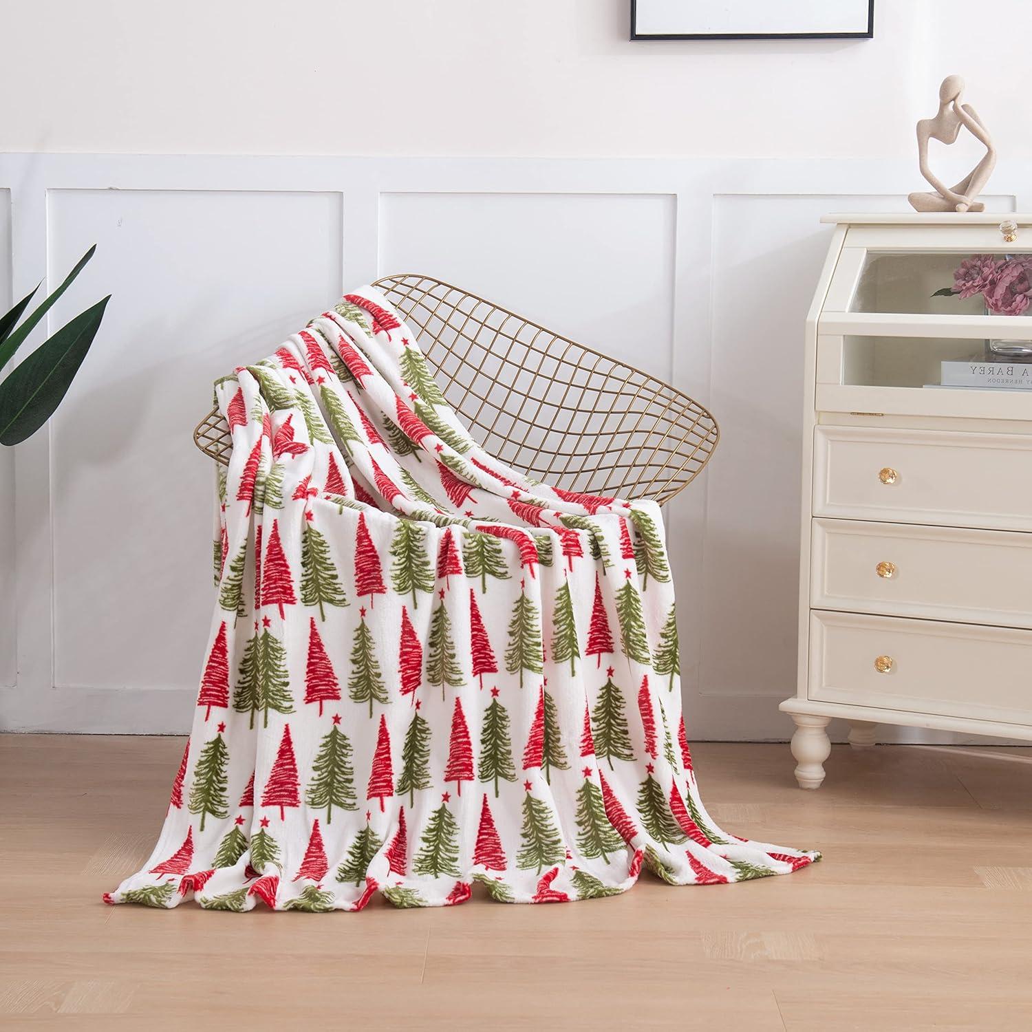 Velvet Touch Ultra Plush Christmas Holiday Printed Fleece Throw/Blanket-50 x 60inch, (Cream Christmas Tree), 50 x 60 inch