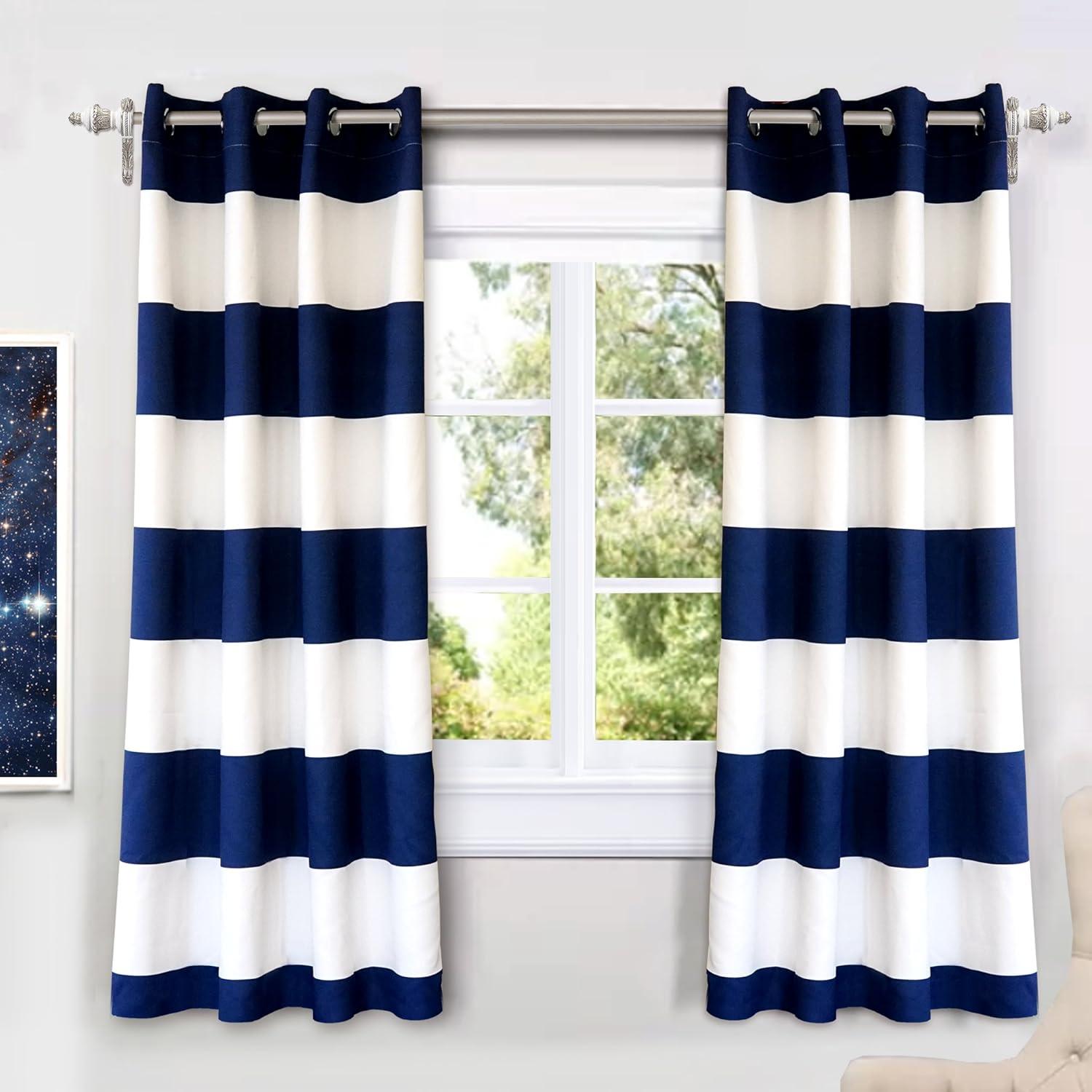 Navy and White Stripe Room Darkening Grommet Curtains, 52" x 63"