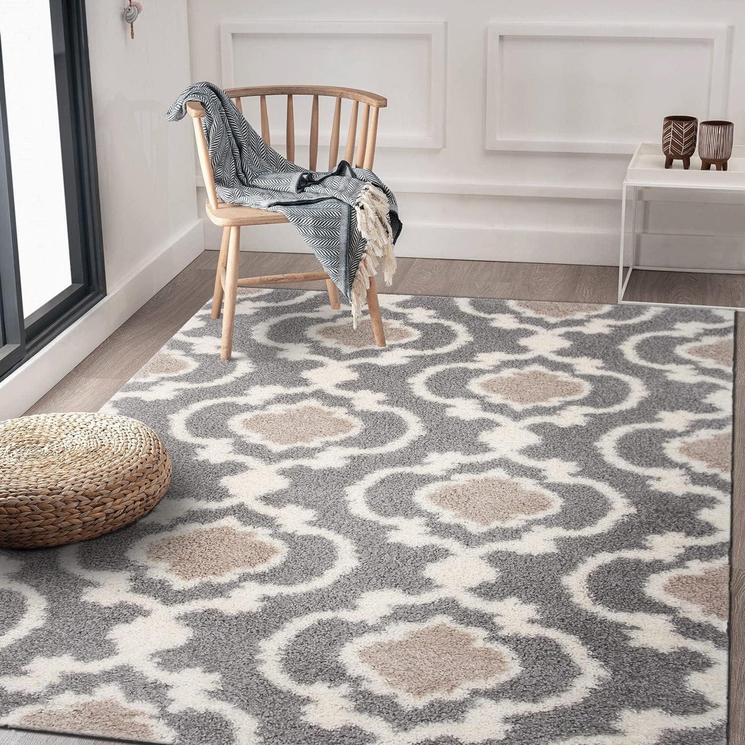 World Rug Gallery Cozy Moroccan Trellis Shag Area Rug - Gray 5'3" x 7'3"