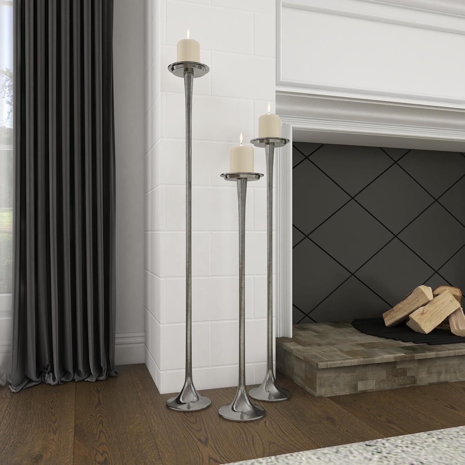 Set of 3 Metallic Aluminum Candle Holders Silver - Olivia & May: Oversized Pillar, Modern Style, Indoor Use
