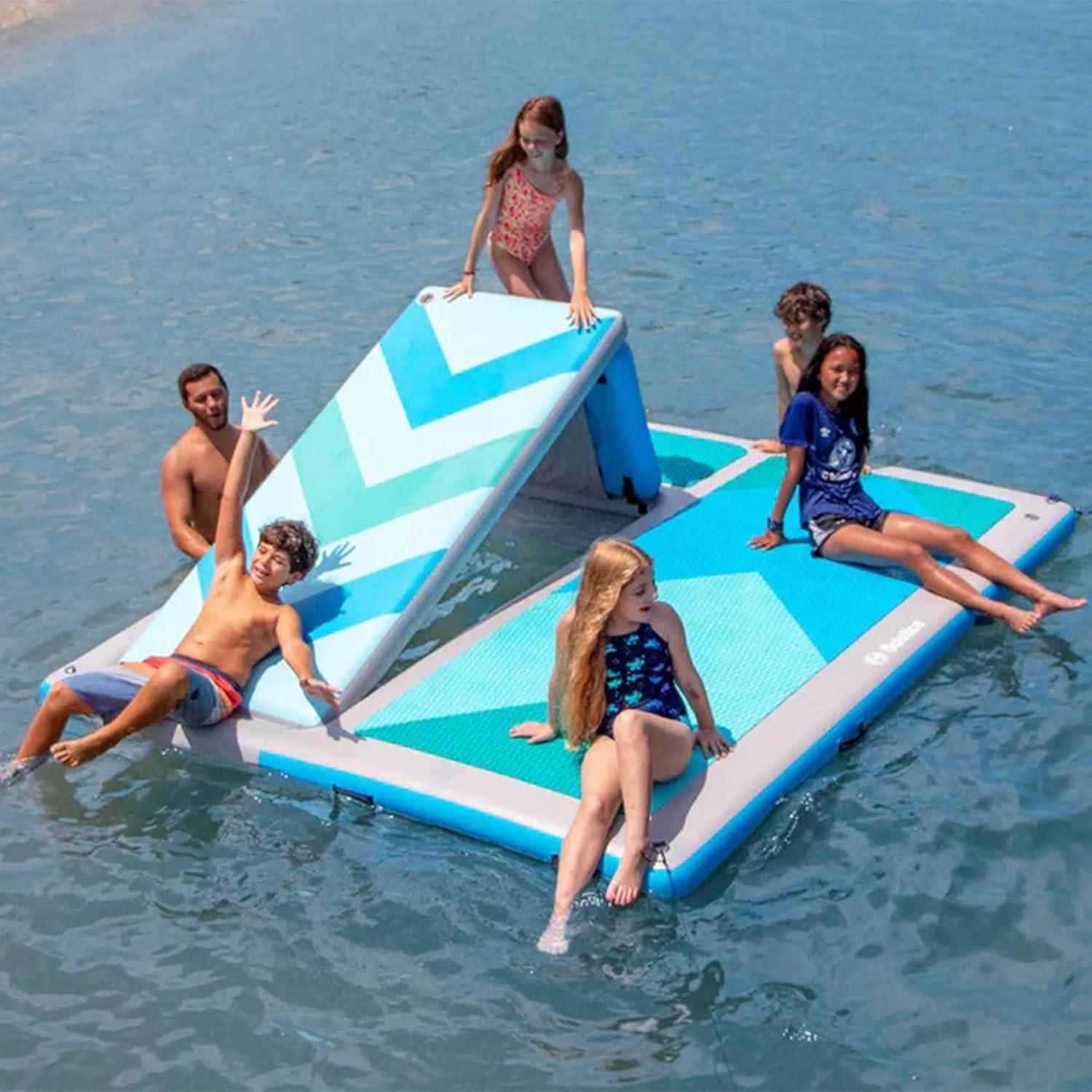 Solstice 10 Foot x 8 Foot Inflatable Convertible Floating Slide Dock Water Lounger Platform with Pump and Storage Bag for Lakes, Pools, and Rivers