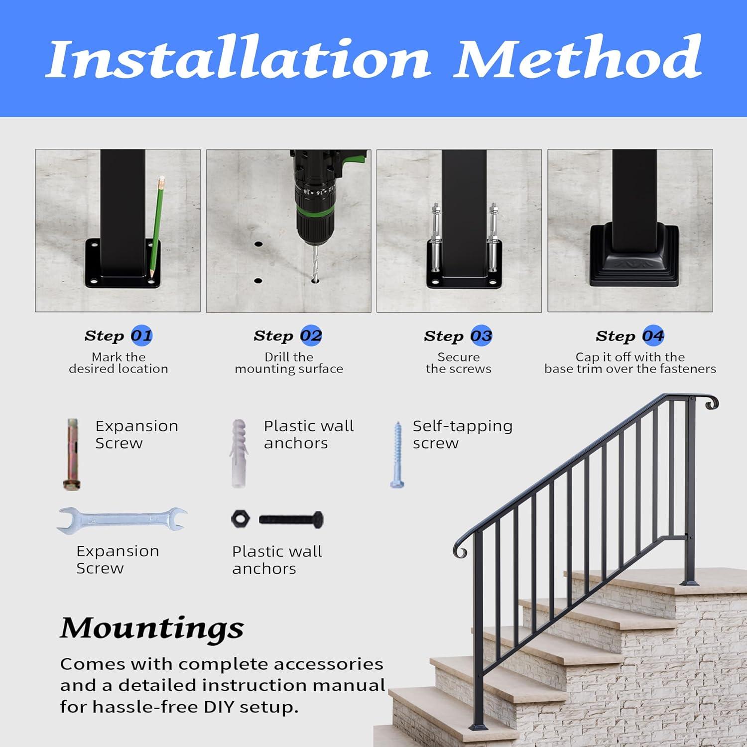 2 Pack 5 Step Handrails for Outdoor Steps, Wrought Iron Stair Railing Fits 4 or 5 Steps, Metal Hand Rail with Installation Kit, Staircase Handrails for Concrete, Porch, Deck, Exterior Steps, Black