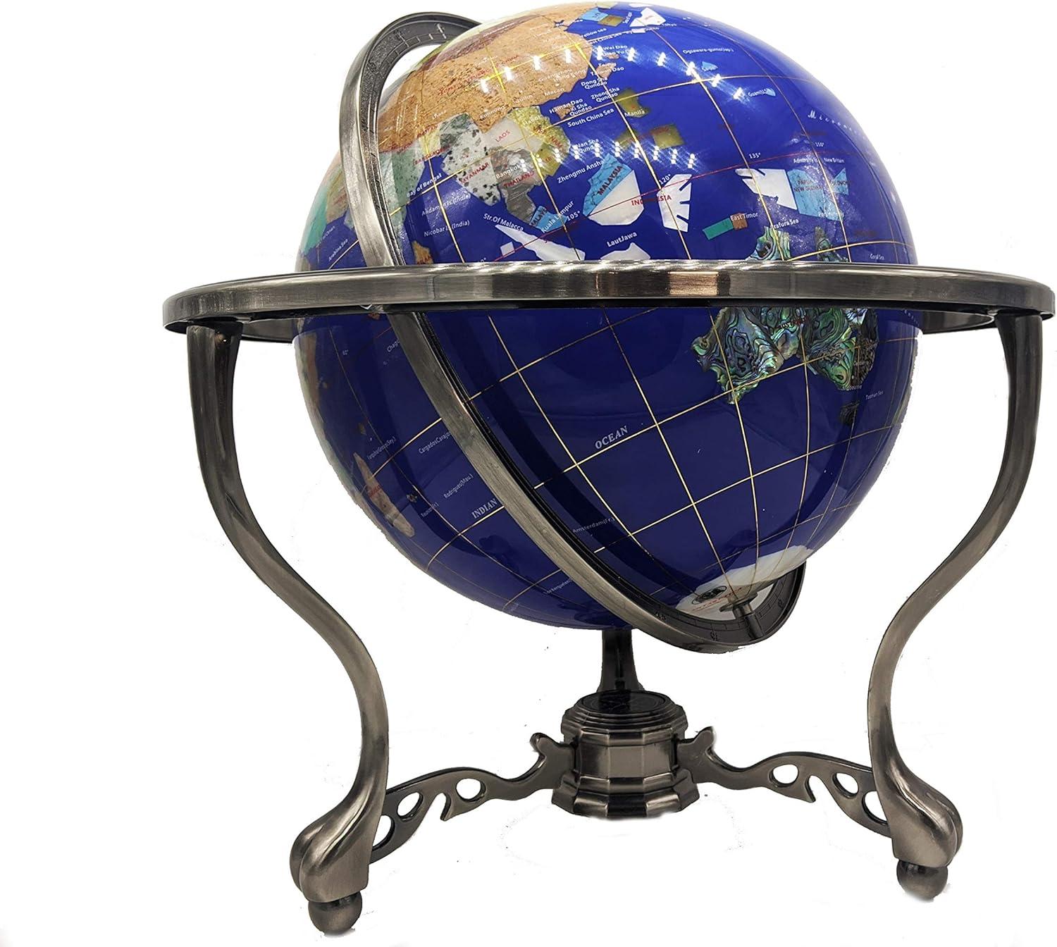 Unique Art 21-Inch Tall Blue Lapis Ocean Table Top Gemstone World Globe with Tripod Silver Stand w 50 US ST Stones