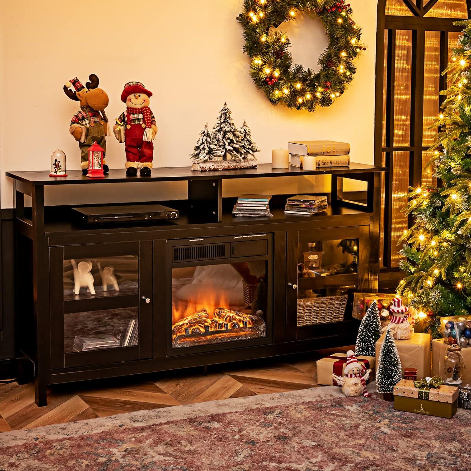 Tangkula Farmhouse TV Stand for TVs up to 65" Flat Screen, Wooden TV Console Table w/2 Cabinets & 4 Shelves, Home Living Room Furniture, Entertainment Center for 18" Electric Fireplace (Not Included)